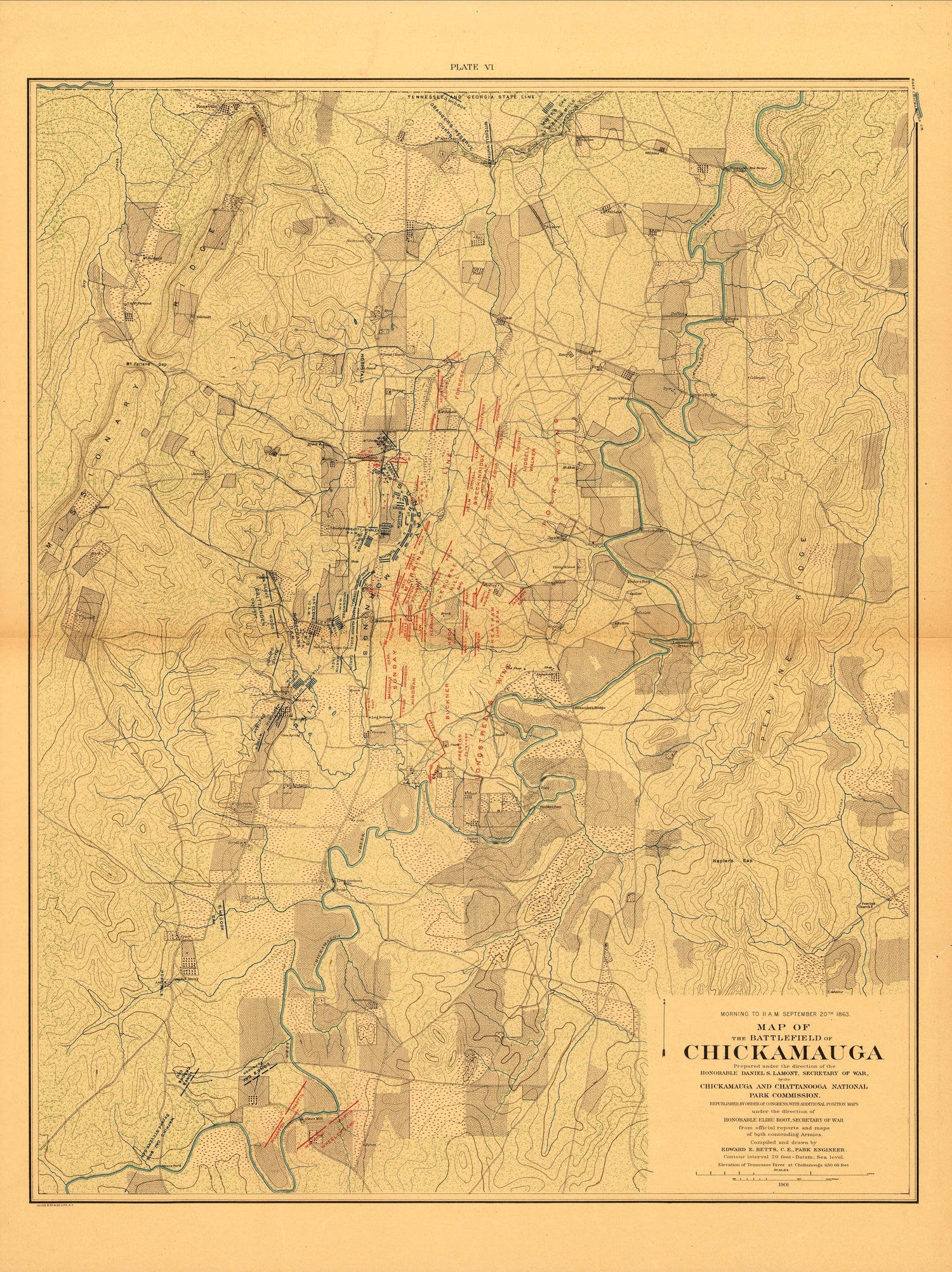 Map of the Battlefield of Chickmauga. Morning to 11:00am Sept. 20, 1863 from Atlas of Chickamauga, Chattanooga, and Vicinity 1901 by Relic Map Company