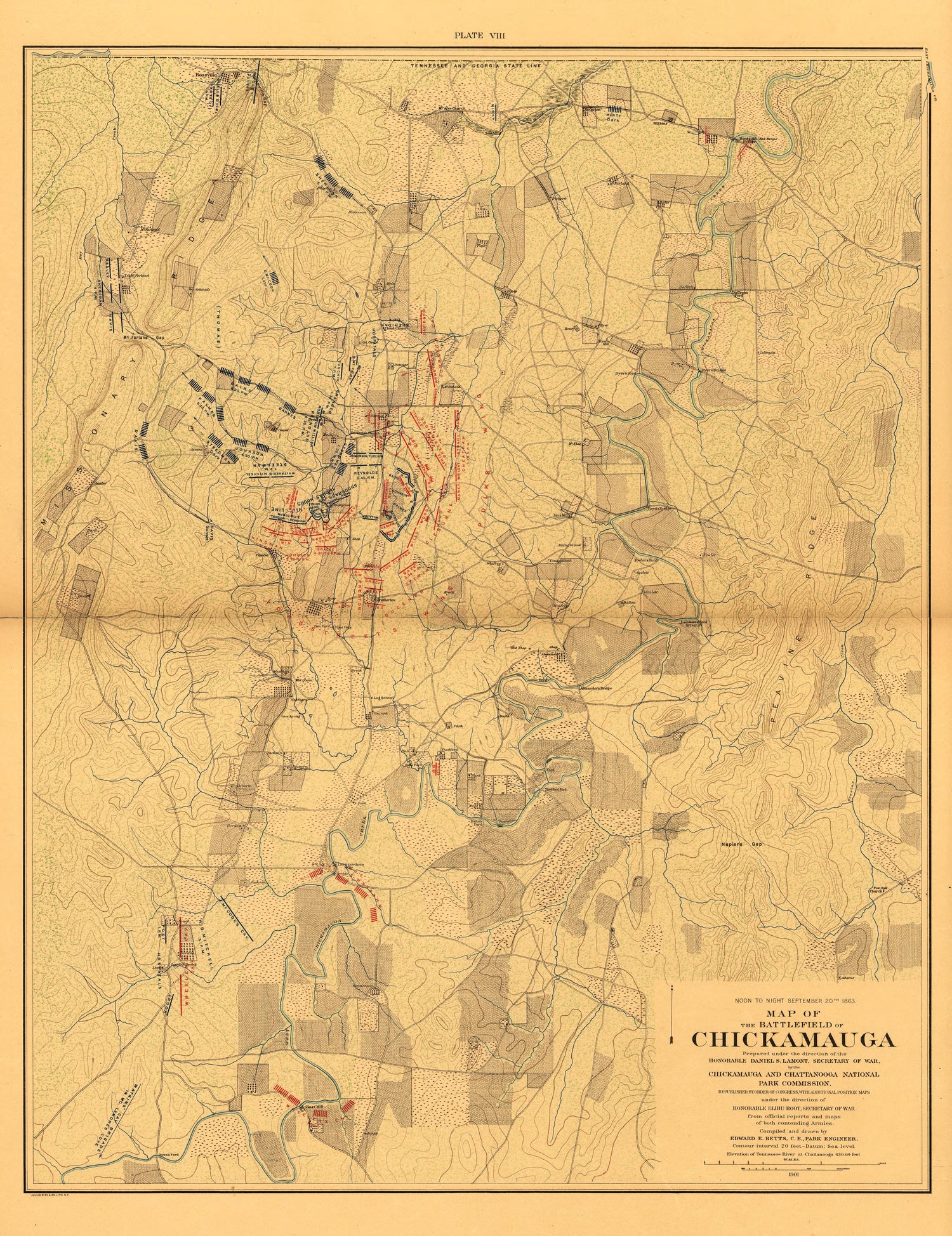 Map of the Battlefield of Chickmauga. Noon to Night Sept. 20, 1863 from Atlas of Chickamauga, Chattanooga, and Vicinity 1901 by Relic Map Company
