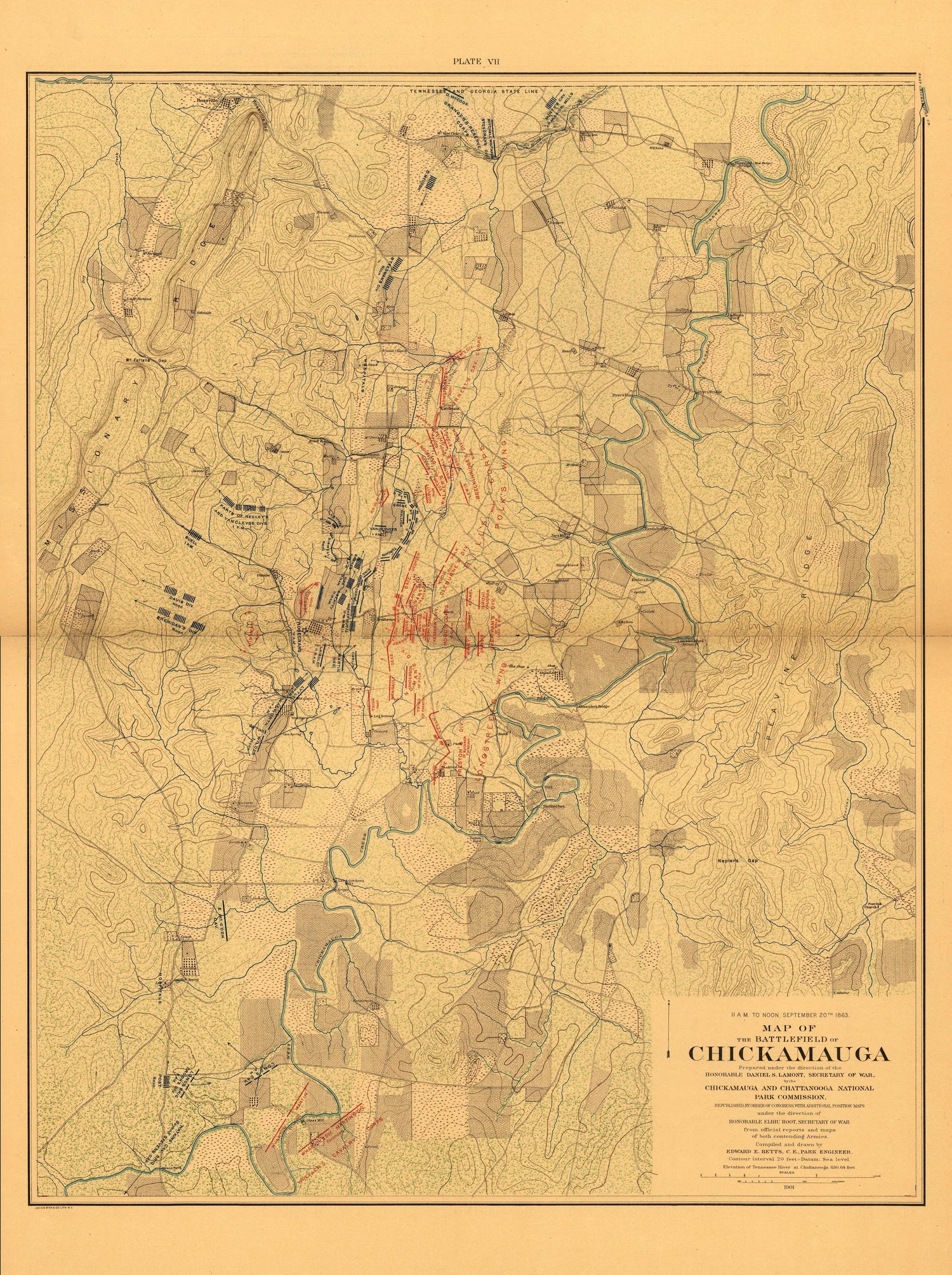Map of the Battlefield of Chickmauga. 11:00am to Noon Sept. 20, 1863 from Atlas of Chickamauga, Chattanooga, and Vicinity 1901 by Relic Map Company
