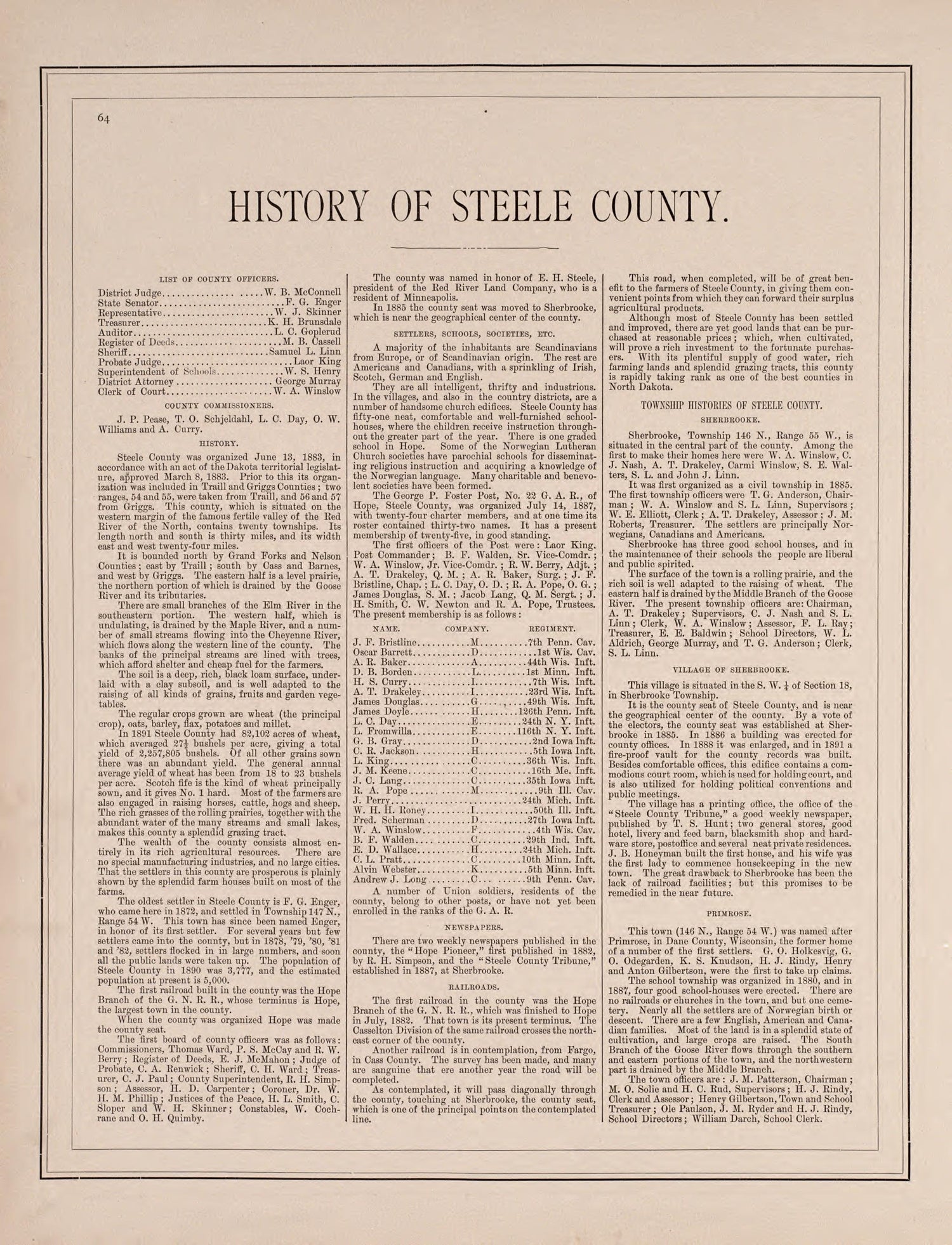 History of Steele County - 1 from Illustrated Historical Atlas of Traill and Steele Counties, North Dakota 1892 by Relic Map Company