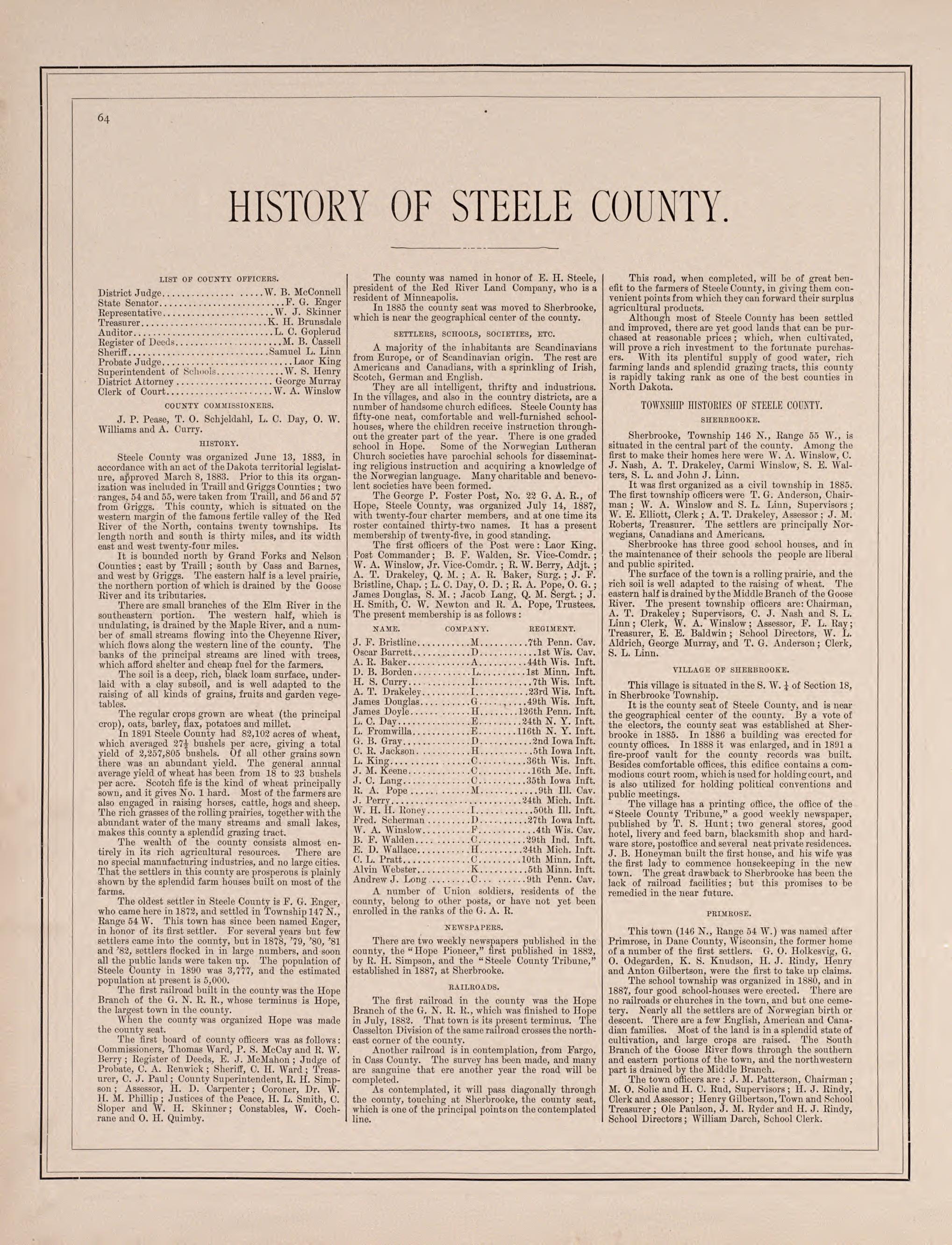 History of Steele County - 1 from Illustrated Historical Atlas of Traill and Steele Counties, North Dakota 1892 by Relic Map Company