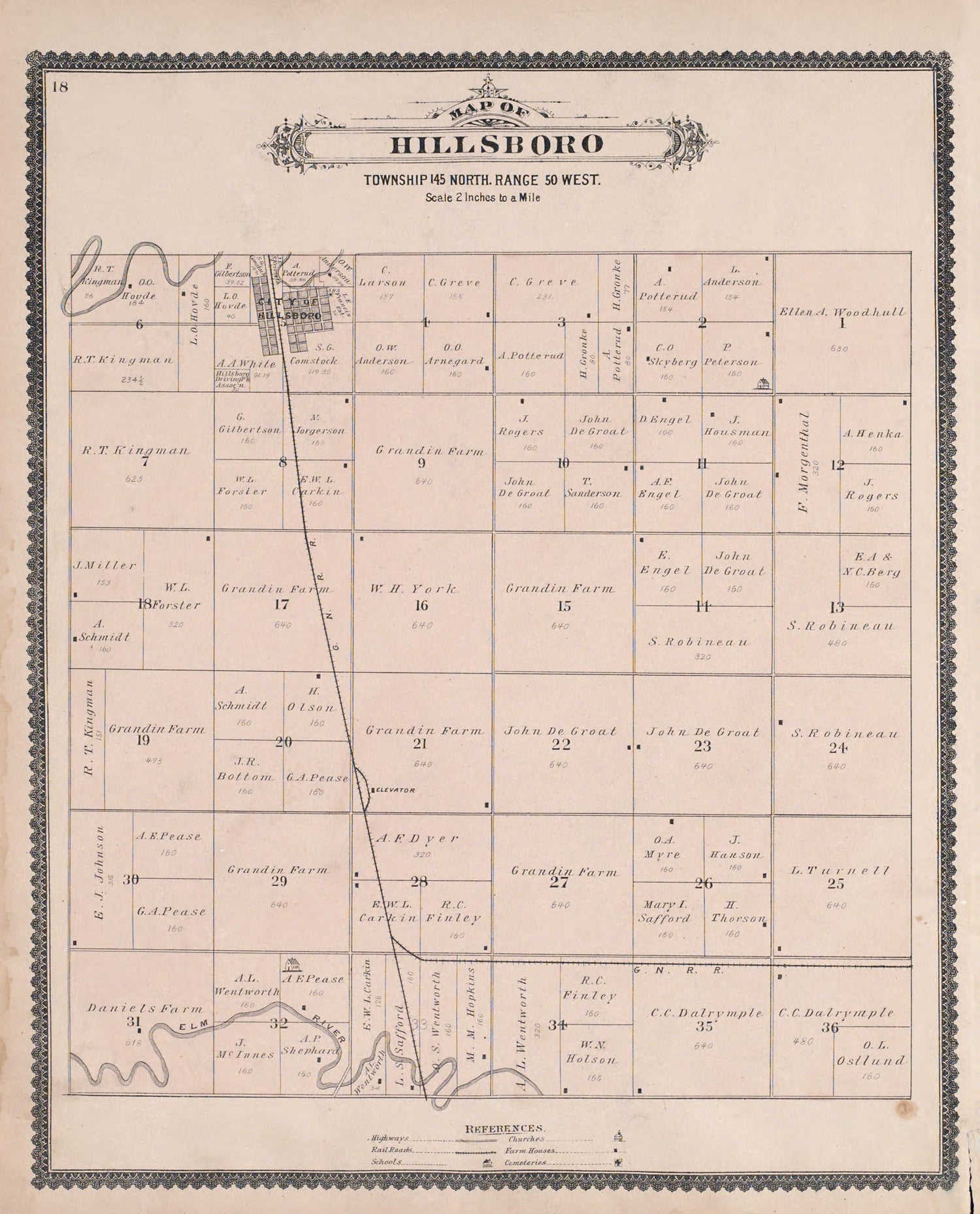 Hillsboro from Illustrated Historical Atlas of Traill and Steele Counties, North Dakota 1892 by Relic Map Company