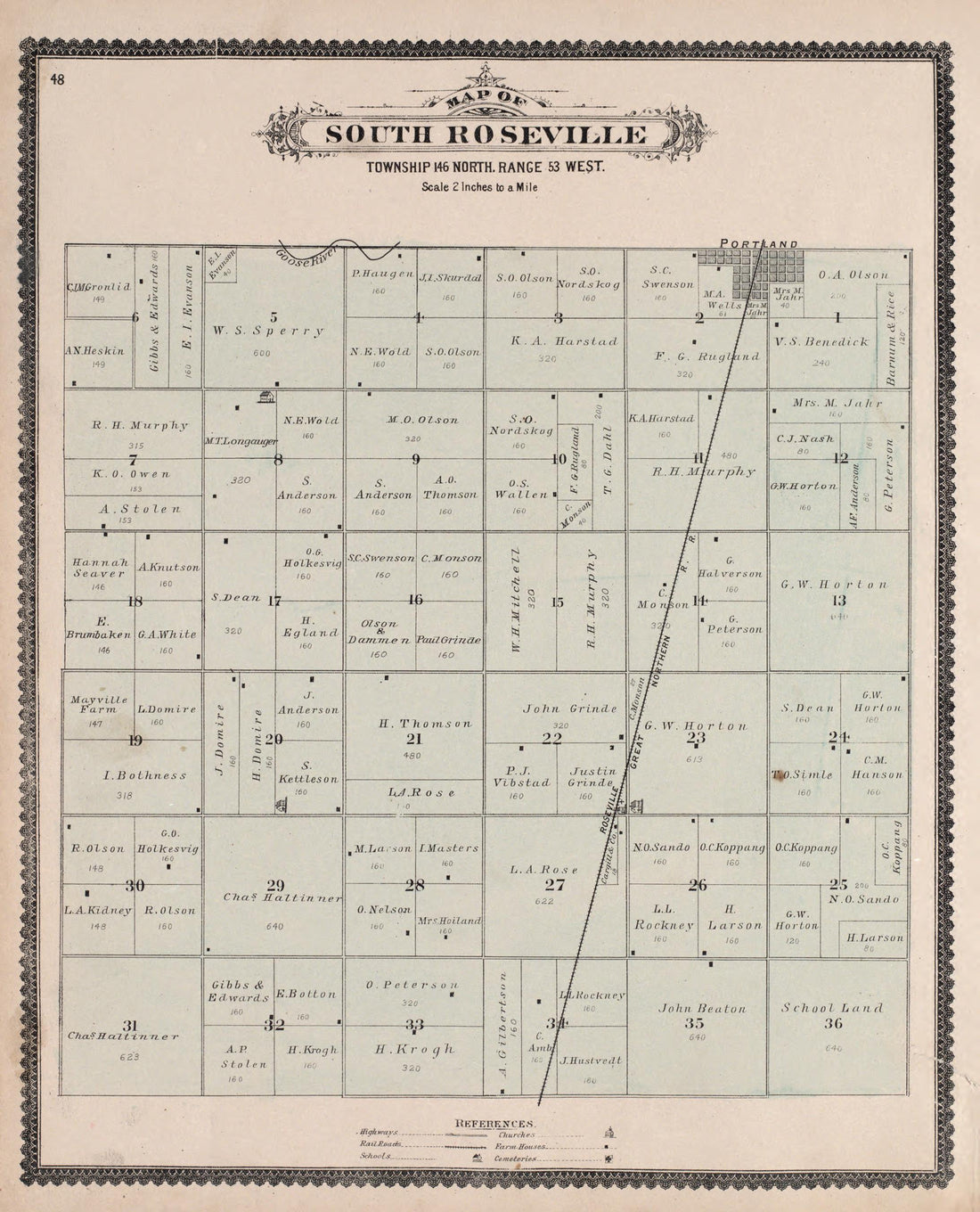 South Roseville from Illustrated Historical Atlas of Traill and Steele Counties, North Dakota 1892 by Relic Map Company