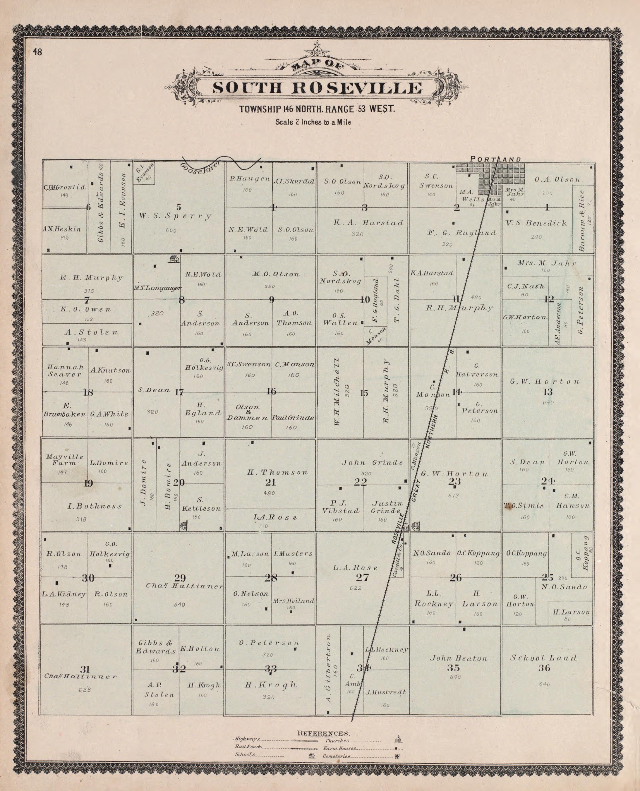 South Roseville from Illustrated Historical Atlas of Traill and Steele Counties, North Dakota 1892 by Relic Map Company