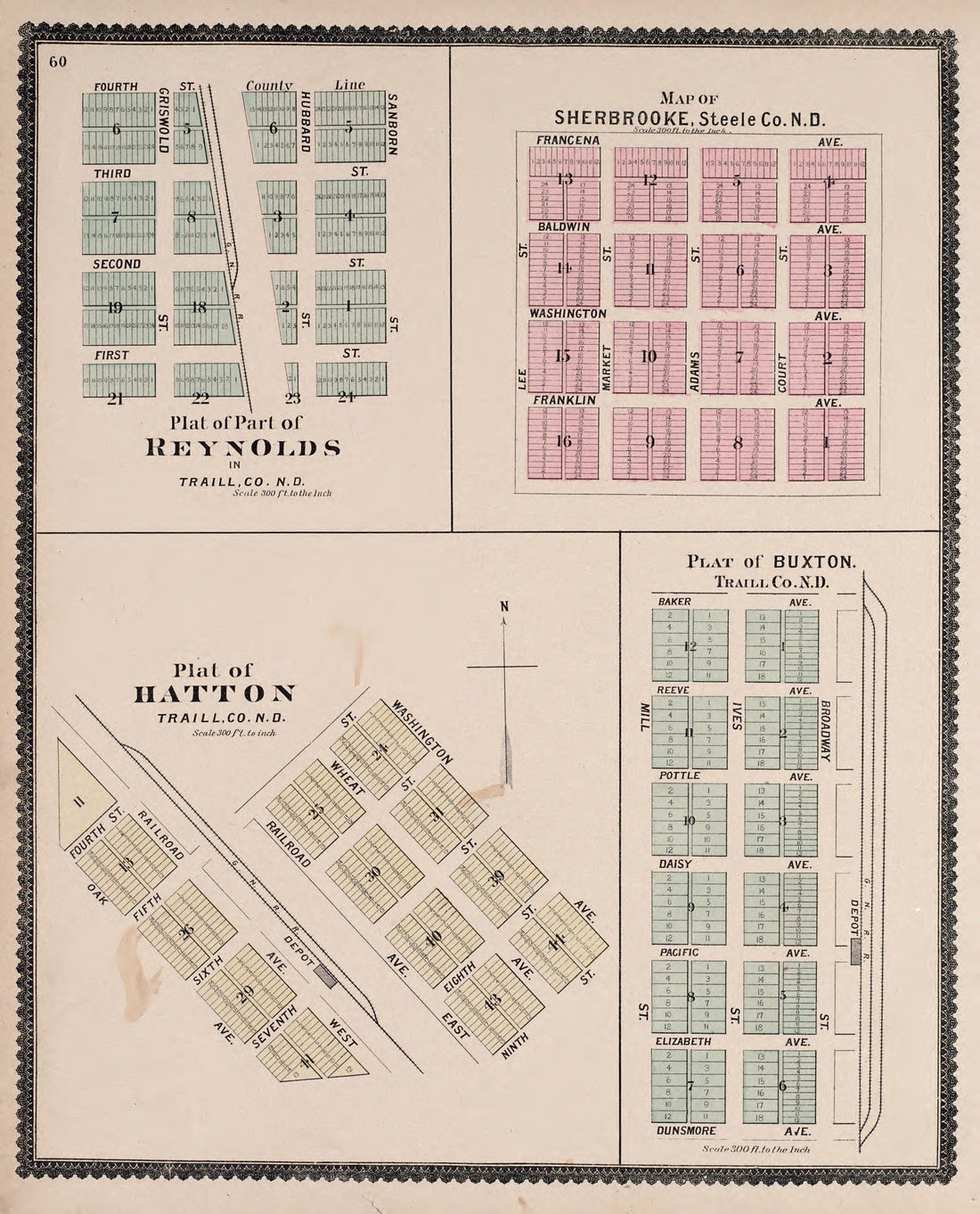 Sherbrooke, Buxton, Hatton, Part of Reynolds from Illustrated Historical Atlas of Traill and Steele Counties, North Dakota 1892 by Relic Map Company
