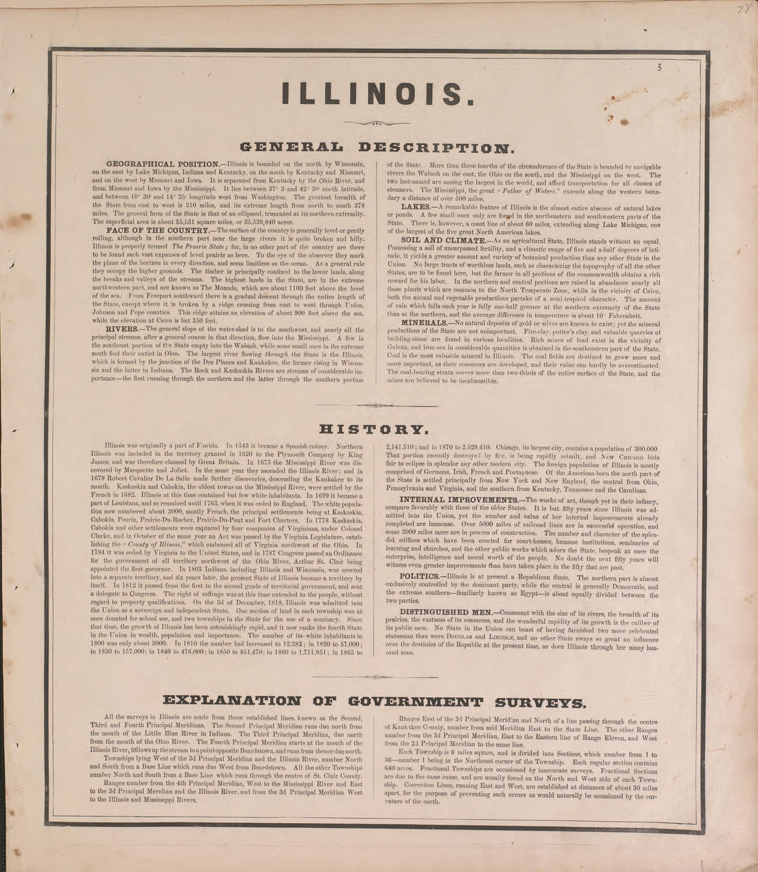 Illinois, General Description from Atlas of Marshall County and the State of Illinois : to Which Is Added an Atlas of the United States, Maps of the Hemispheres &amp;c. &amp;c. &amp;c 1870 by Relic Map Company