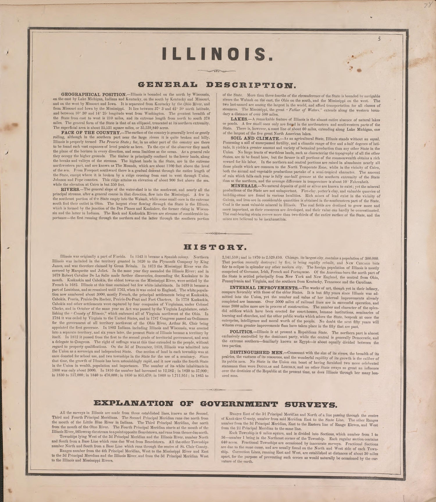 Illinois, General Description from Atlas of Marshall County and the State of Illinois : to Which Is Added an Atlas of the United States, Maps of the Hemispheres &amp;c. &amp;c. &amp;c 1870 by Relic Map Company