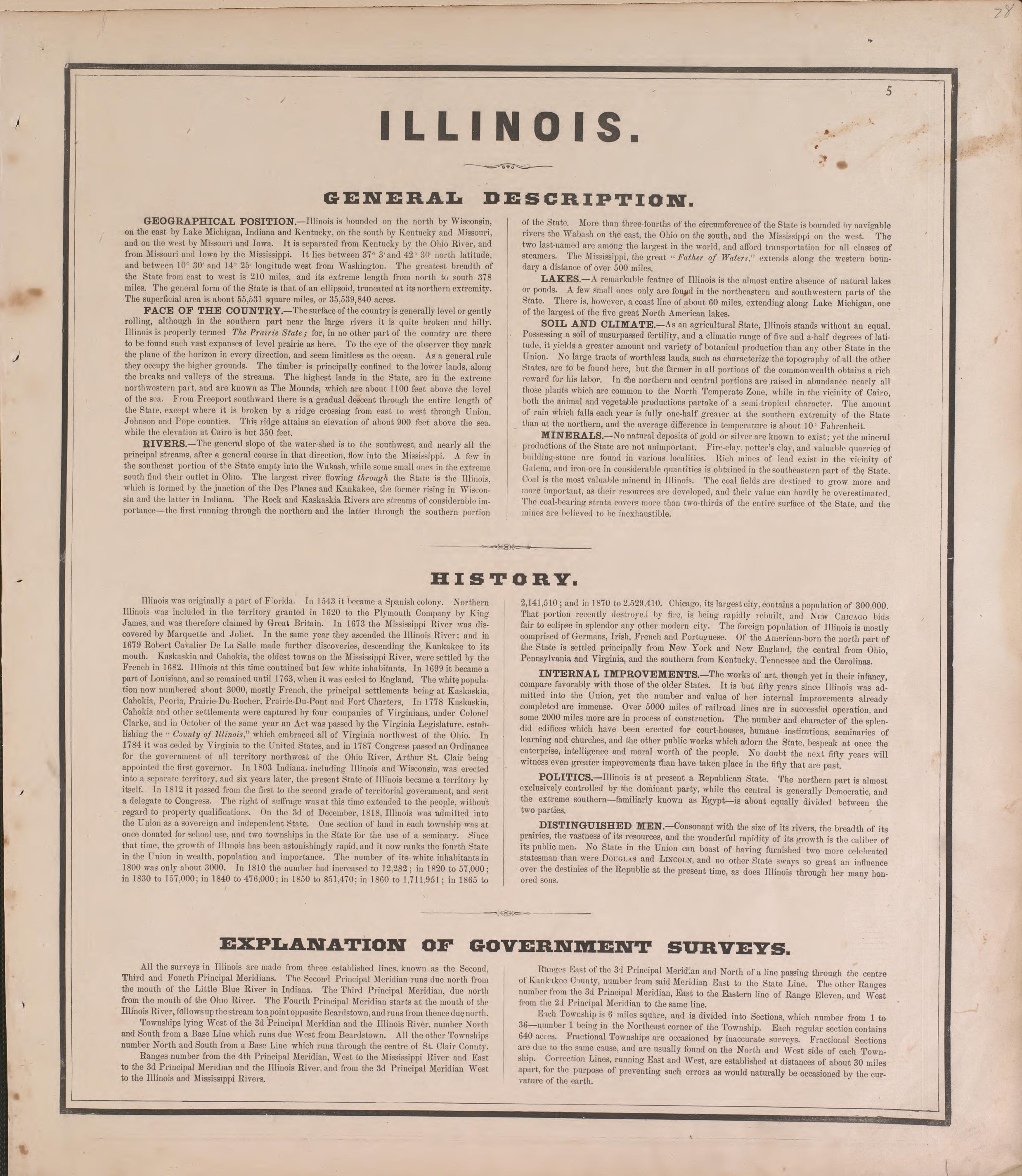 Illinois, General Description from Atlas of Marshall County and the State of Illinois : to Which Is Added an Atlas of the United States, Maps of the Hemispheres &amp;c. &amp;c. &amp;c 1870 by Relic Map Company