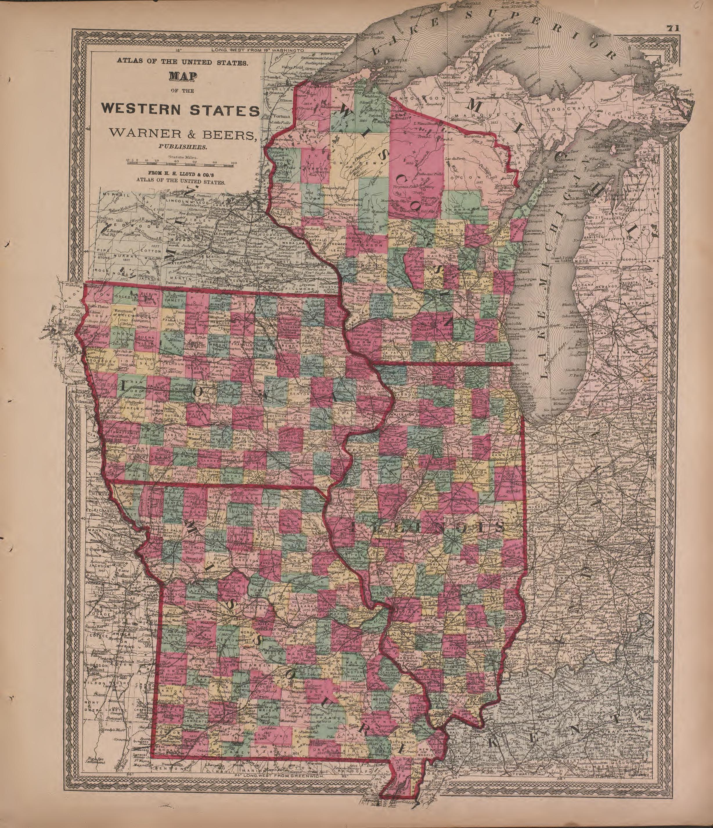 Map of the Central States, Warner and Beers--continued from Atlas of Marshall County and the State of Illinois : to Which Is Added an Atlas of the United States, Maps of the Hemispheres &amp;c. &amp;c. &amp;c 1870 by Relic Map Company