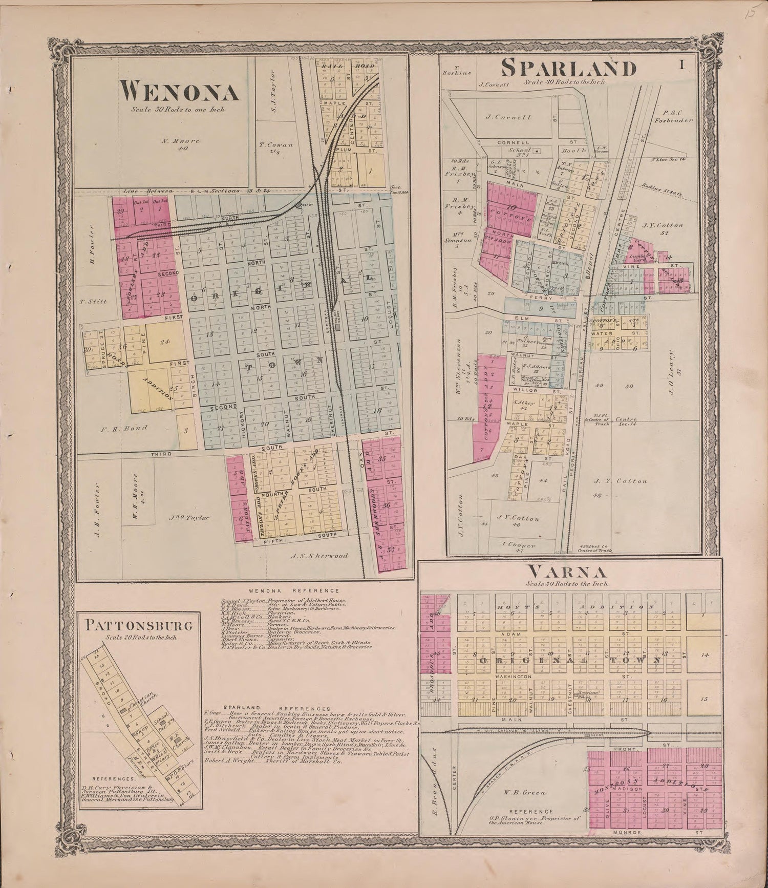 Wenona and Sparland from Atlas of Marshall County and the State of Illinois : to Which Is Added an Atlas of the United States, Maps of the Hemispheres &amp;c. &amp;c. &amp;c 1870 by Relic Map Company
