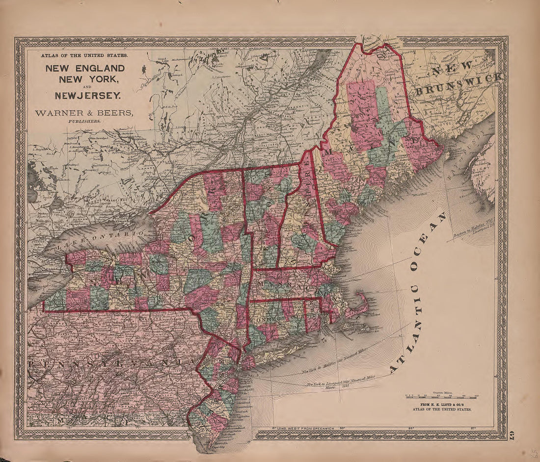 New England, New York and New Jersey from Atlas of Marshall County and the State of Illinois : to Which Is Added an Atlas of the United States, Maps of the Hemispheres &amp;c. &amp;c. &amp;c 1870 by Relic Map Company