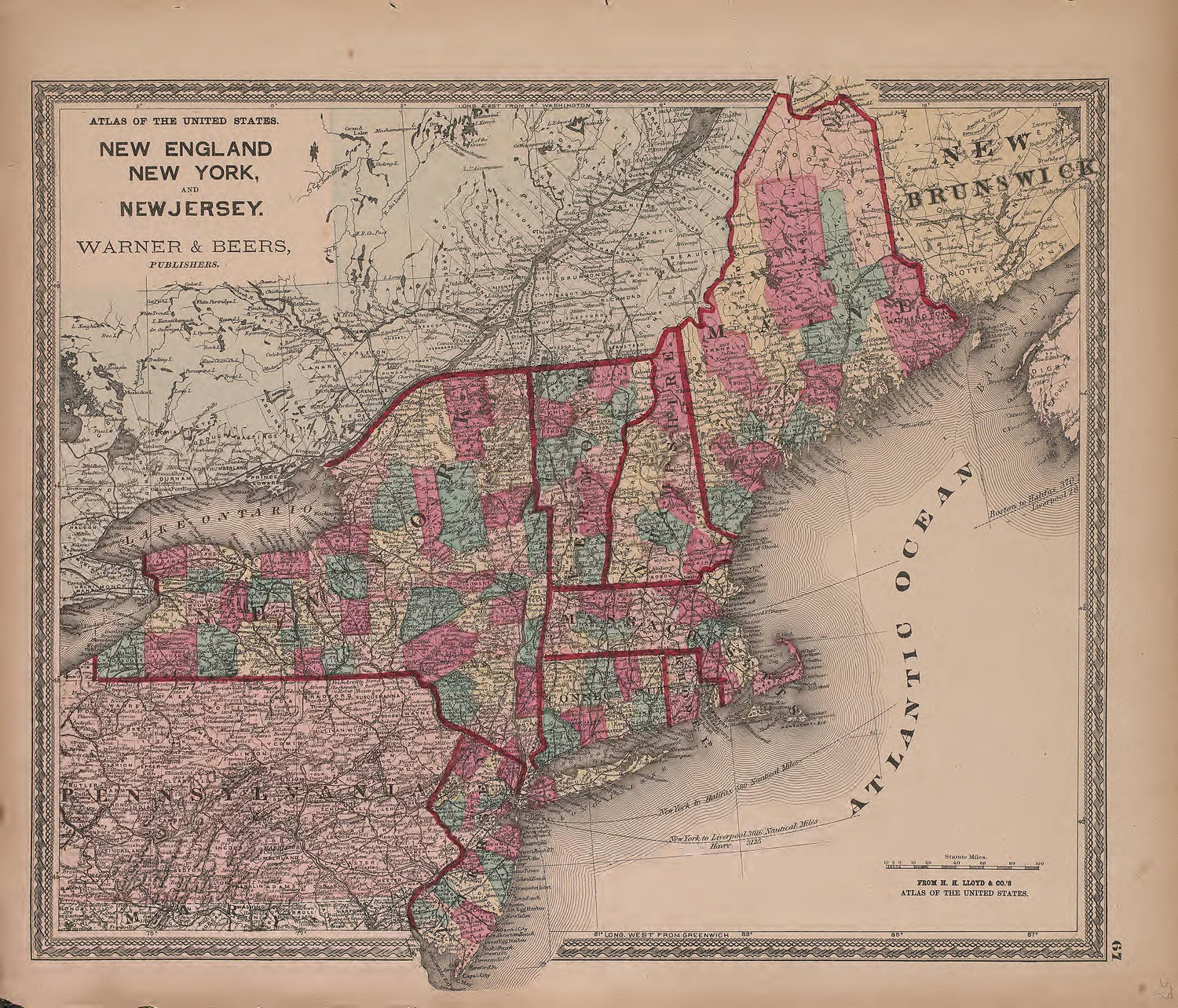 New England, New York and New Jersey from Atlas of Marshall County and the State of Illinois : to Which Is Added an Atlas of the United States, Maps of the Hemispheres &amp;c. &amp;c. &amp;c 1870 by Relic Map Company