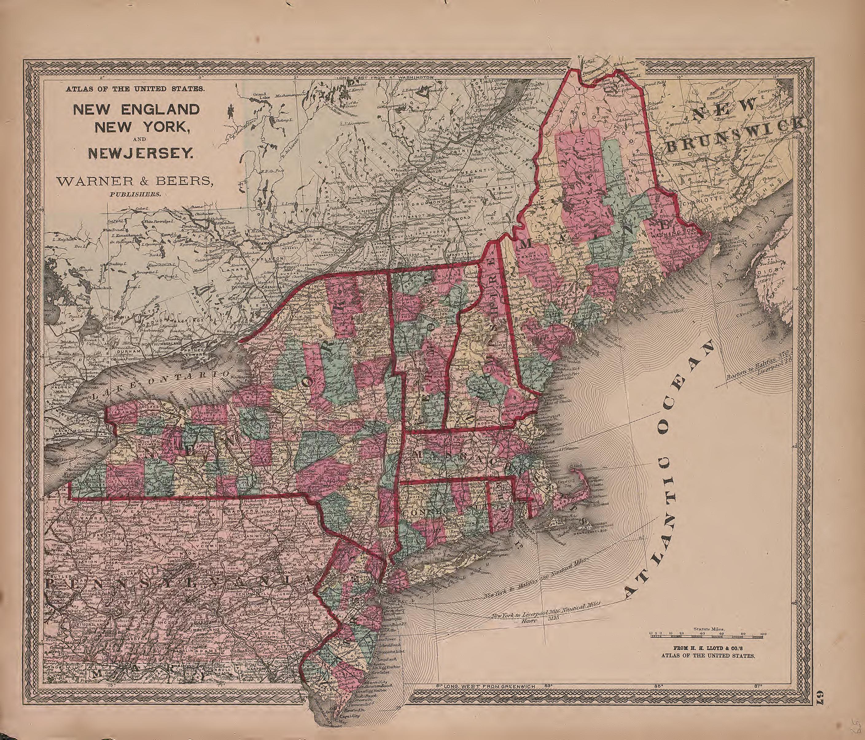 New England, New York and New Jersey from Atlas of Marshall County and the State of Illinois : to Which Is Added an Atlas of the United States, Maps of the Hemispheres &amp;c. &amp;c. &amp;c 1870 by Relic Map Company
