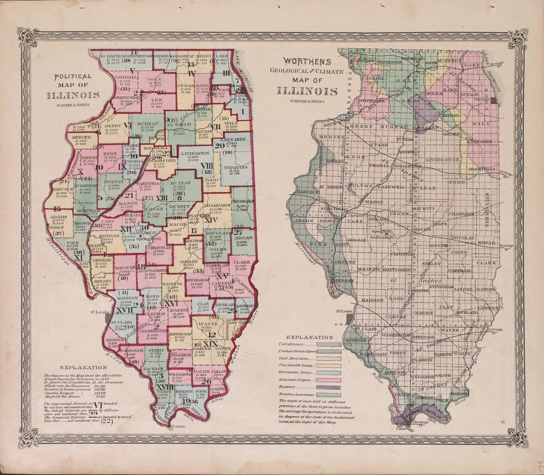 Political Map of Illinois from Atlas of Marshall County and the State of Illinois : to Which Is Added an Atlas of the United States, Maps of the Hemispheres &amp;c. &amp;c. &amp;c 1870 by Relic Map Company