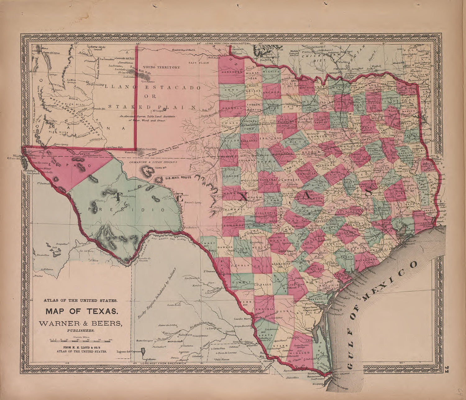 Map of Texas from Atlas of Marshall County and the State of Illinois : to Which Is Added an Atlas of the United States, Maps of the Hemispheres &amp;c. &amp;c. &amp;c 1870 by Relic Map Company