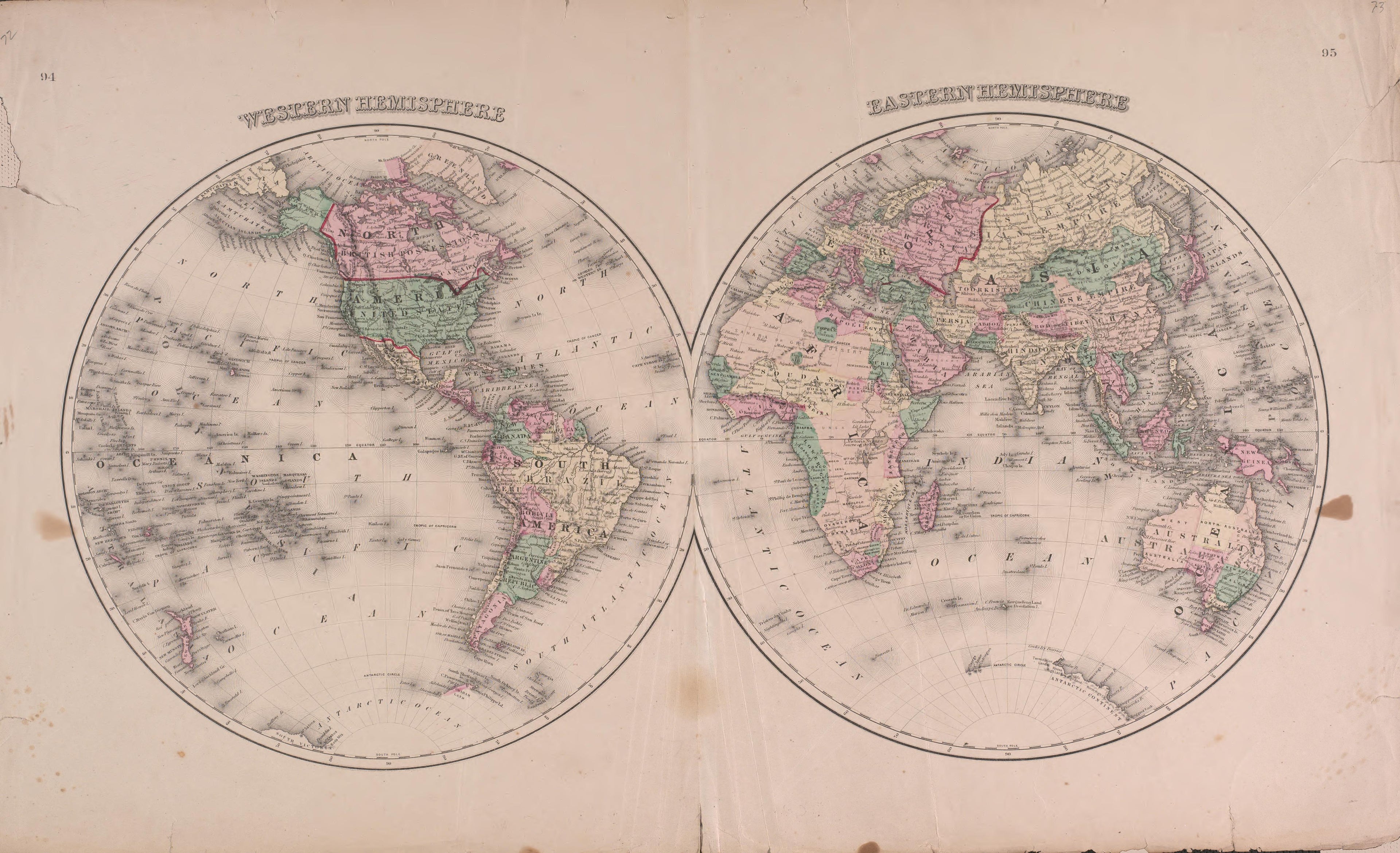 Map of Western and Eastern Hemisphere from Atlas of Marshall County and the State of Illinois : to Which Is Added an Atlas of the United States, Maps of the Hemispheres &amp;c. &amp;c. &amp;c 1870 by Relic Map Company