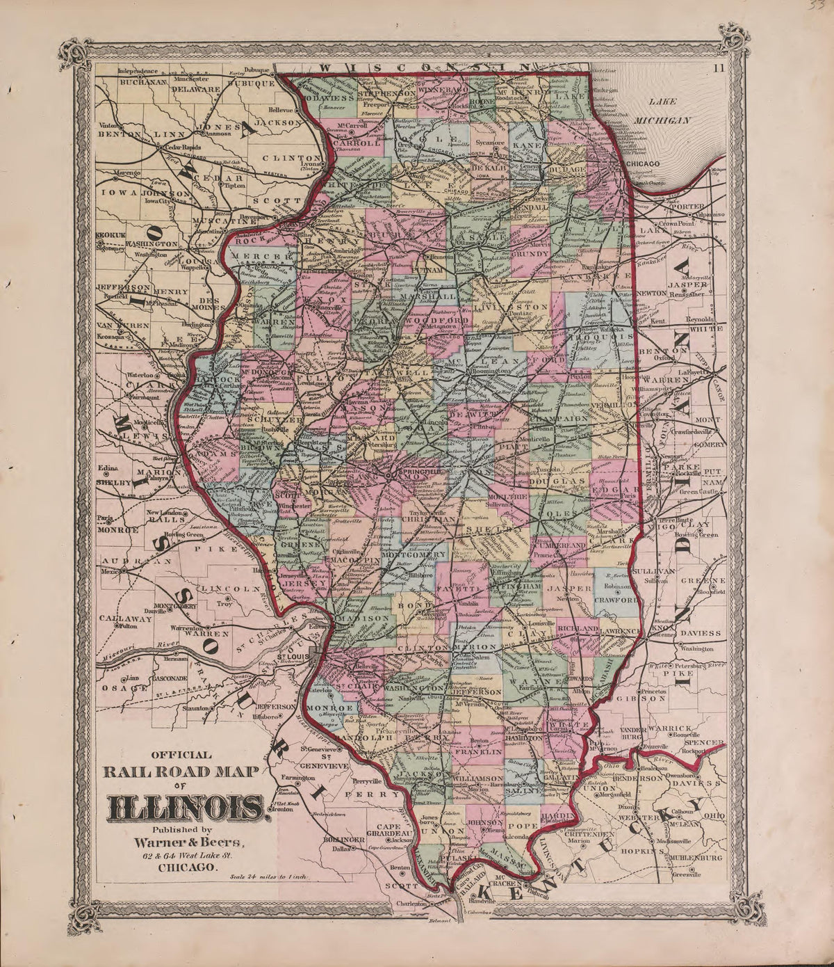 Official Railroad Map of Illinois from Atlas of Marshall County and the State of Illinois : to Which Is Added an Atlas of the United States, Maps of the Hemispheres &amp;c. &amp;c. &amp;c 1870 by Relic Map Company