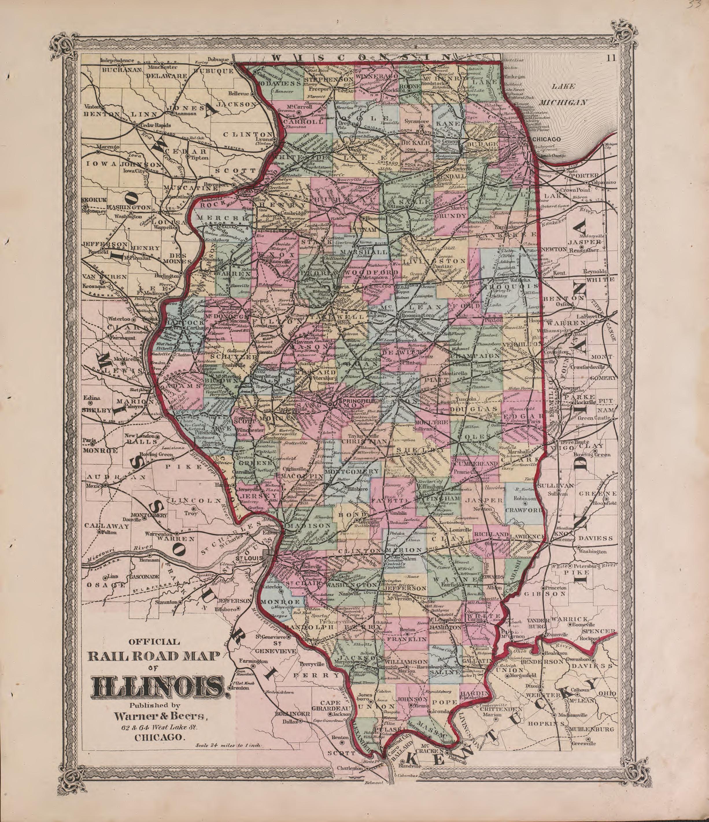 Official Railroad Map of Illinois from Atlas of Marshall County and the State of Illinois : to Which Is Added an Atlas of the United States, Maps of the Hemispheres &amp;c. &amp;c. &amp;c 1870 by Relic Map Company