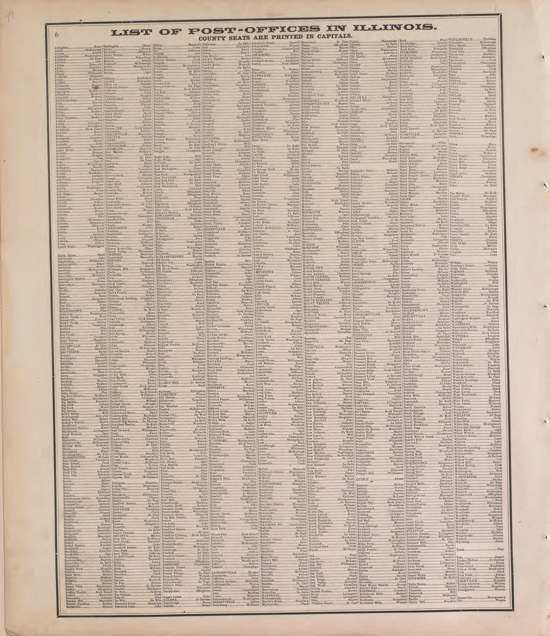List of Post Offices In Illinois from Atlas of Marshall County and the State of Illinois : to Which Is Added an Atlas of the United States, Maps of the Hemispheres &amp;c. &amp;c. &amp;c 1870 by Relic Map Company