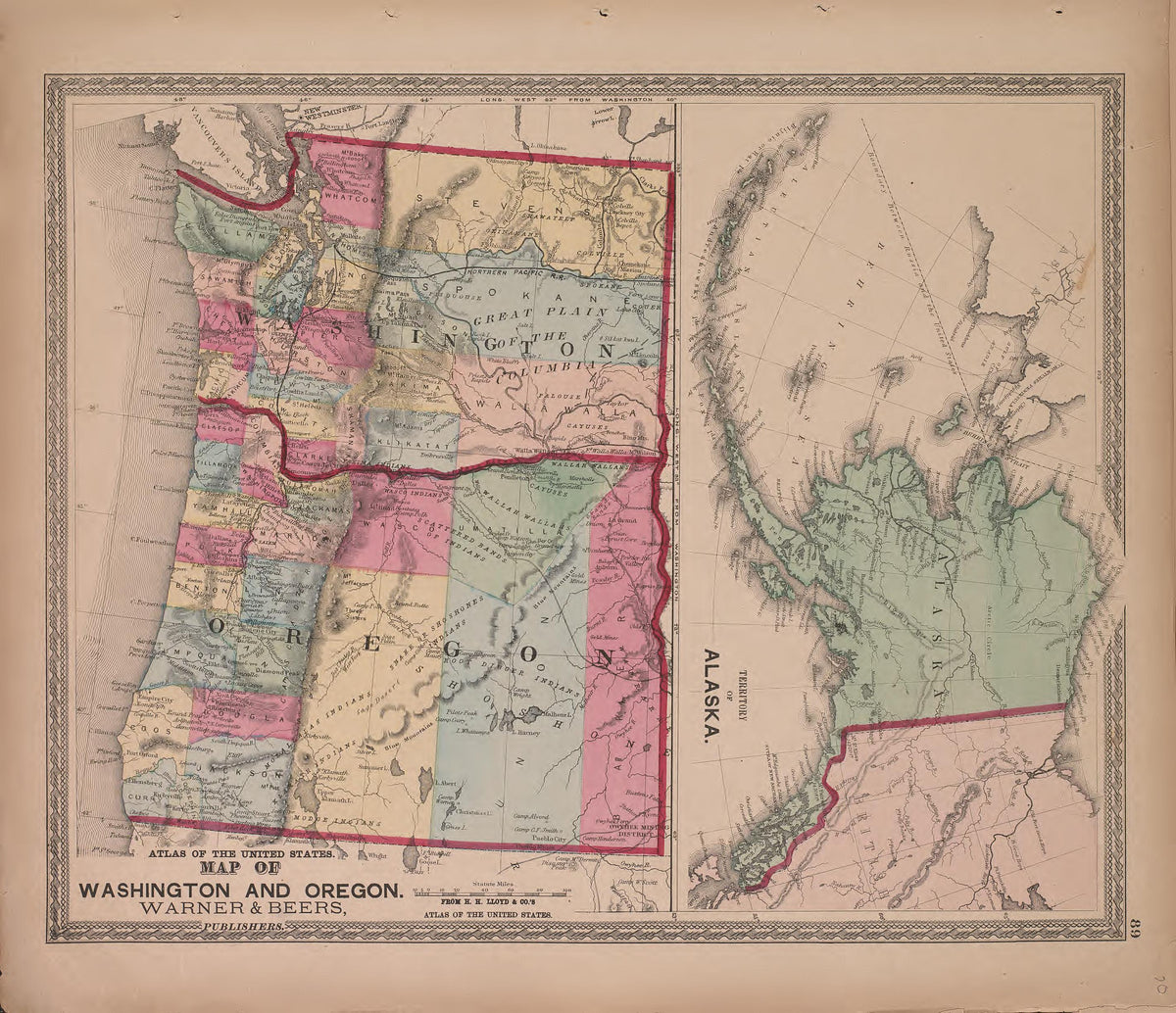 Map of Washington and Oregon from Atlas of Marshall County and the State of Illinois : to Which Is Added an Atlas of the United States, Maps of the Hemispheres &amp;c. &amp;c. &amp;c 1870 by Relic Map Company