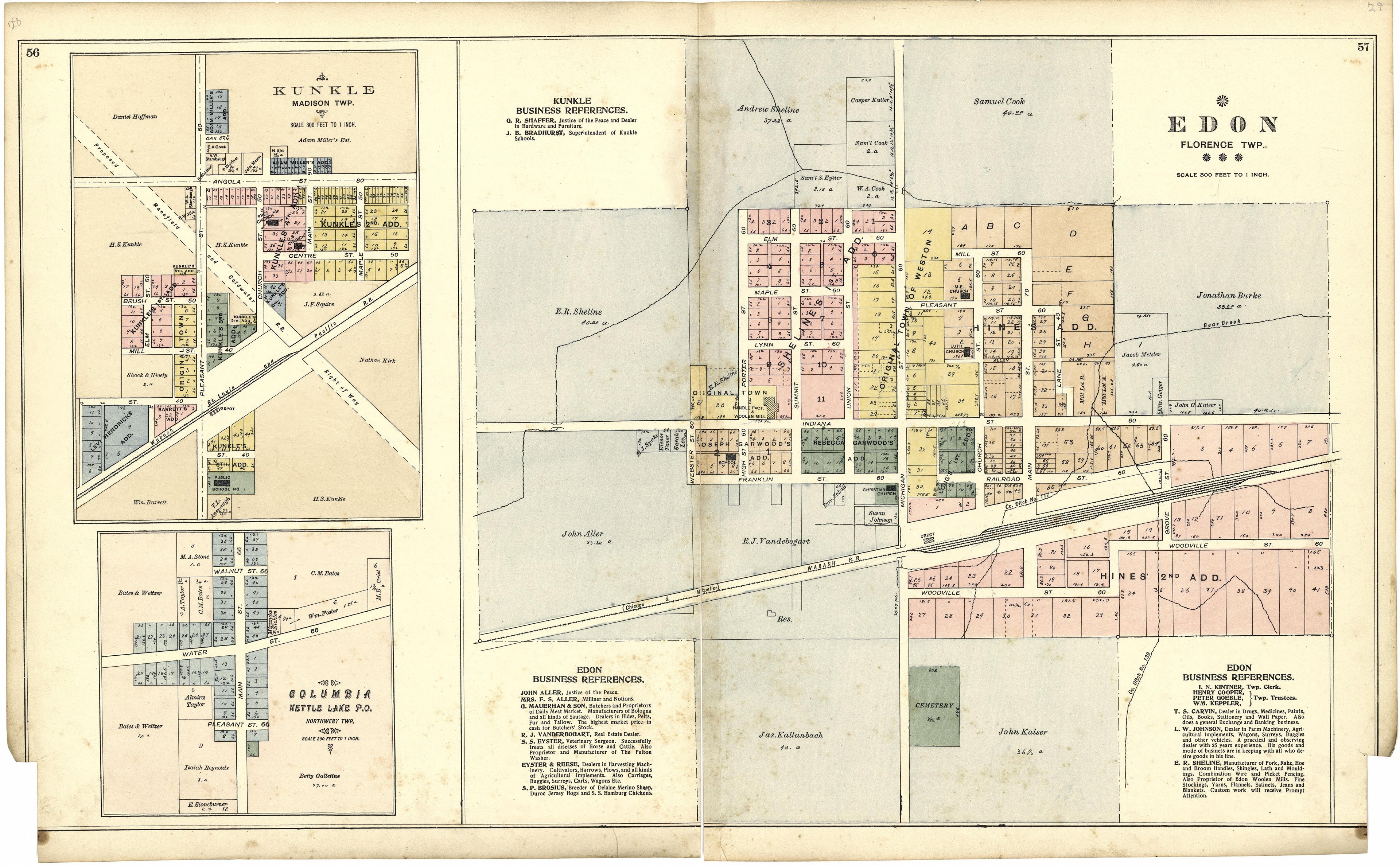 Edon; Kunkle; Columbia from Atlas of Williams County, Ohio : from County Records, Plats and Surveys 1894 by Relic Map Company