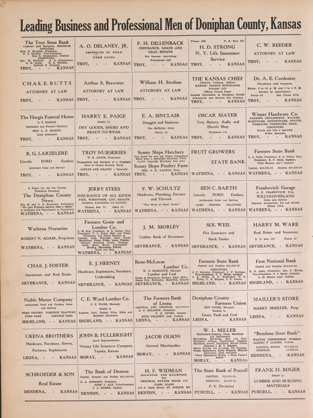 Leading Business and Professional Men of Doniphan County from Atlas of Doniphan County, Kansas : Containing Maps of Townships of the County, Maps of State, United States and World : Farmers Directory, Analysis of the System of U.S. Land Surveys 1927 by Relic Map Company