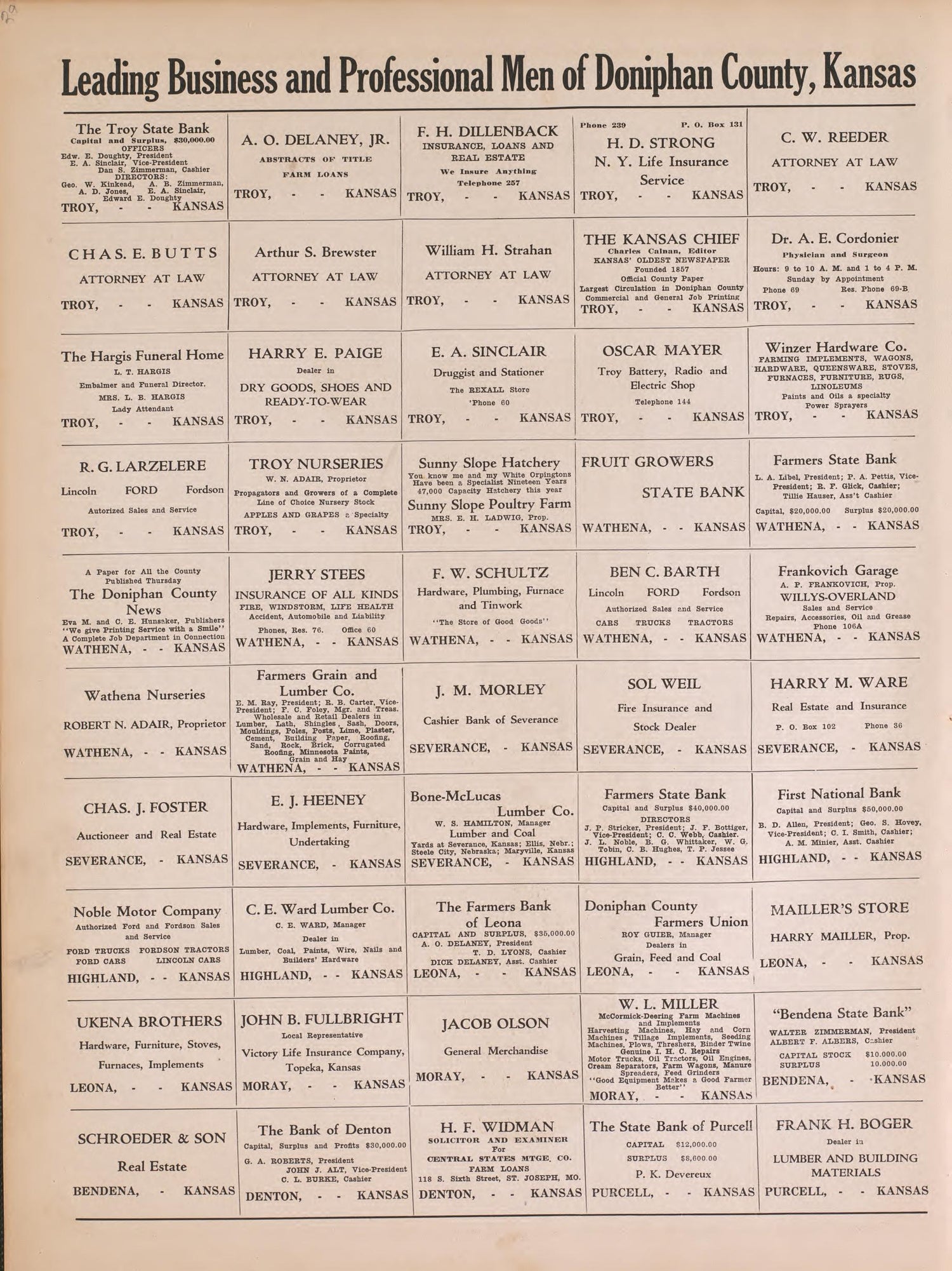 Leading Business and Professional Men of Doniphan County from Atlas of Doniphan County, Kansas : Containing Maps of Townships of the County, Maps of State, United States and World : Farmers Directory, Analysis of the System of U.S. Land Surveys 1927 by Relic Map Company