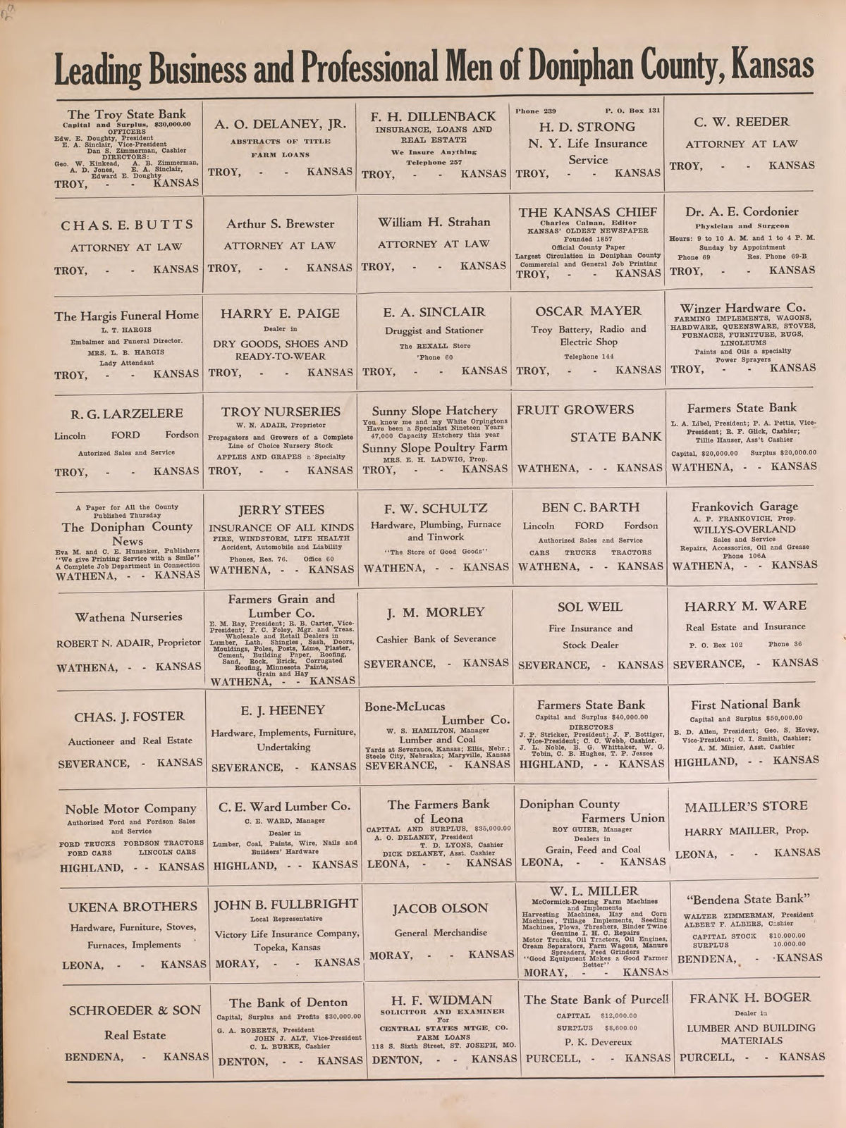 Leading Business and Professional Men of Doniphan County from Atlas of Doniphan County, Kansas : Containing Maps of Townships of the County, Maps of State, United States and World : Farmers Directory, Analysis of the System of U.S. Land Surveys 1927 by Relic Map Company