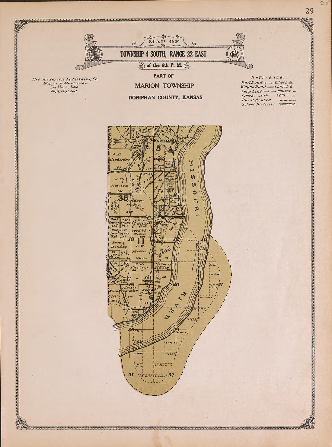 Township 4 South, Range 22 East from Atlas of Doniphan County, Kansas : Containing Maps of Townships of the County, Maps of State, United States and World : Farmers Directory, Analysis of the System of U.S. Land Surveys 1927 by Relic Map Company