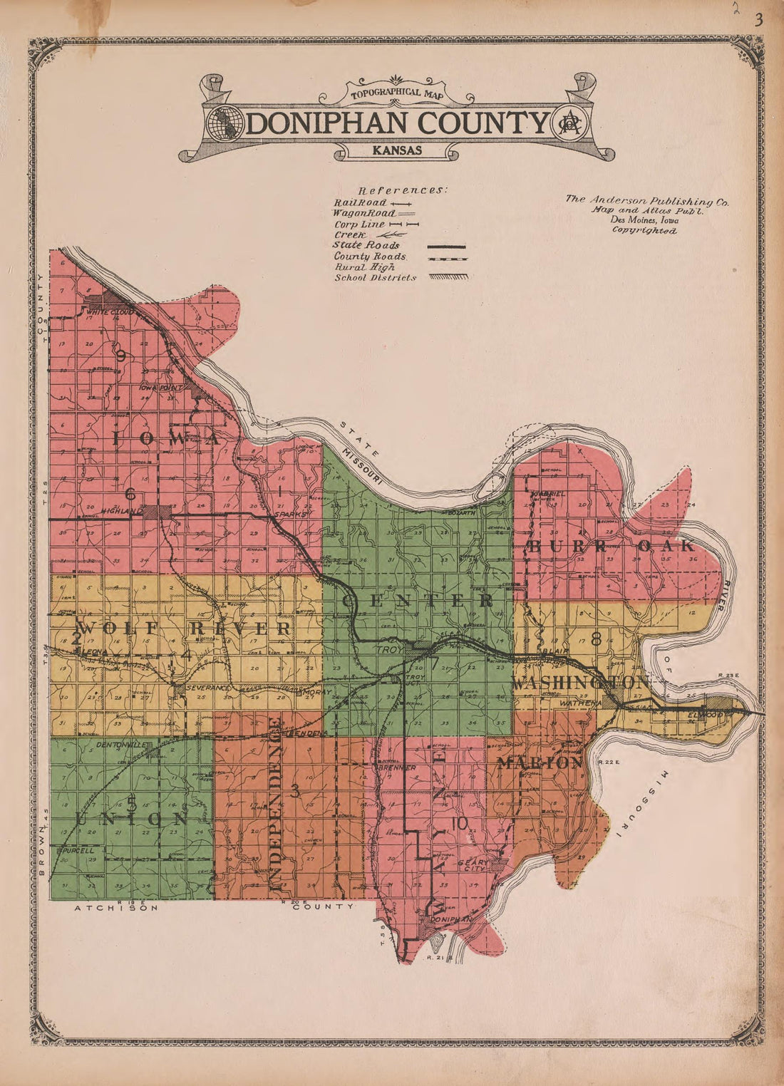 Doniphan County from Atlas of Doniphan County, Kansas : Containing Maps of Townships of the County, Maps of State, United States and World : Farmers Directory, Analysis of the System of U.S. Land Surveys 1927 by Relic Map Company