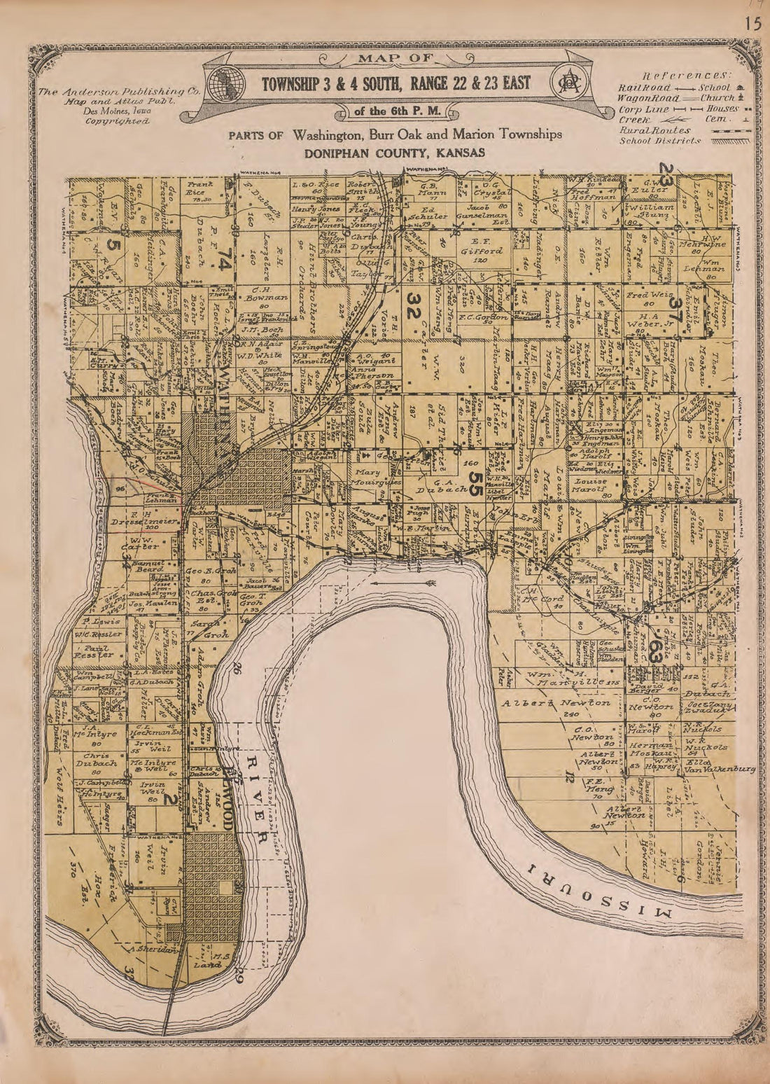 Township 3 and 4 South, Range 22 and 23 East from Atlas of Doniphan County, Kansas : Containing Maps of Townships of the County, Maps of State, United States and World : Farmers Directory, Analysis of the System of U.S. Land Surveys 1927 by Relic Map Company