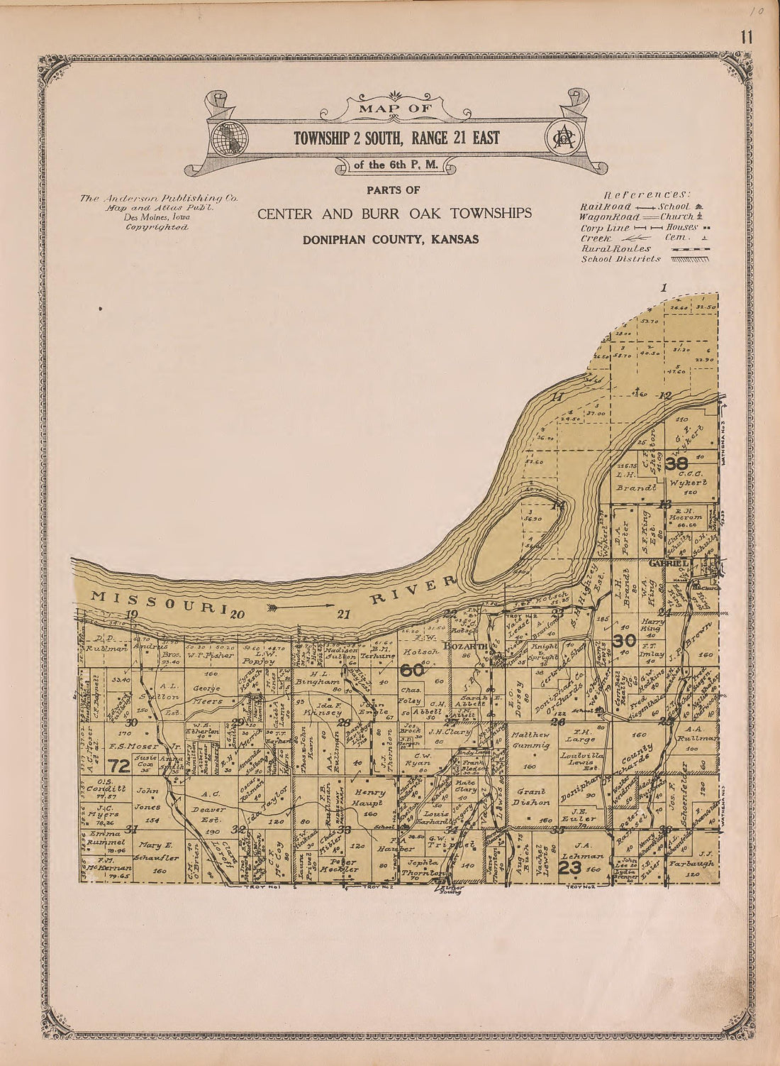 Township 2 South, Range 21 East from Atlas of Doniphan County, Kansas : Containing Maps of Townships of the County, Maps of State, United States and World : Farmers Directory, Analysis of the System of U.S. Land Surveys 1927 by Relic Map Company
