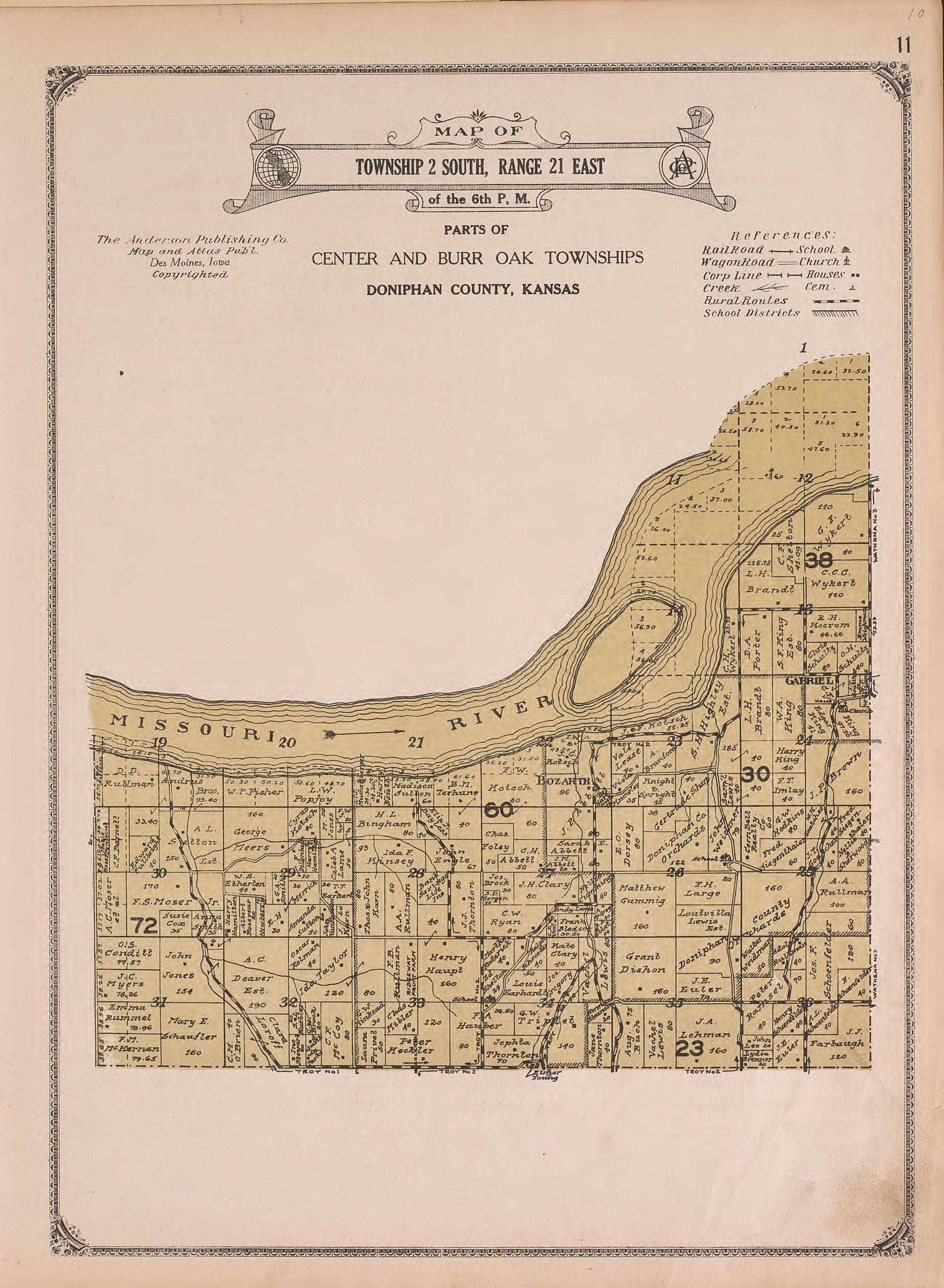 Township 2 South, Range 21 East from Atlas of Doniphan County, Kansas : Containing Maps of Townships of the County, Maps of State, United States and World : Farmers Directory, Analysis of the System of U.S. Land Surveys 1927 by Relic Map Company