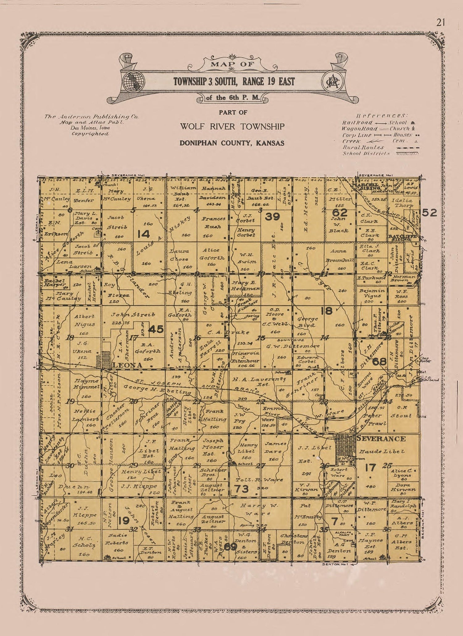 Township 3 South, Range 19 East from Atlas of Doniphan County, Kansas : Containing Maps of Townships of the County, Maps of State, United States and World : Farmers Directory, Analysis of the System of U.S. Land Surveys 1927 by Relic Map Company