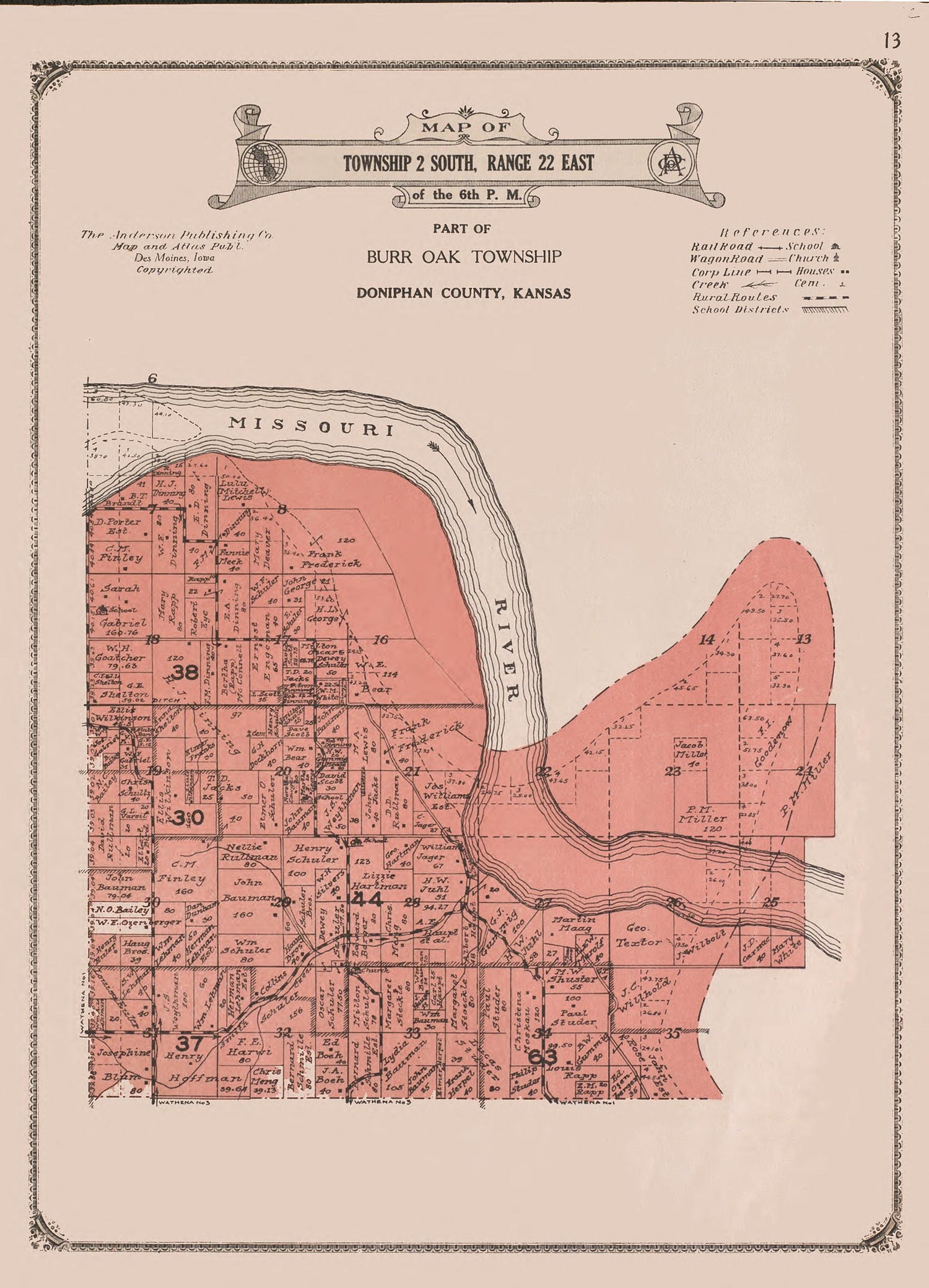 Township 2 South, Range 22 East from Atlas of Doniphan County, Kansas : Containing Maps of Townships of the County, Maps of State, United States and World : Farmers Directory, Analysis of the System of U.S. Land Surveys 1927 by Relic Map Company