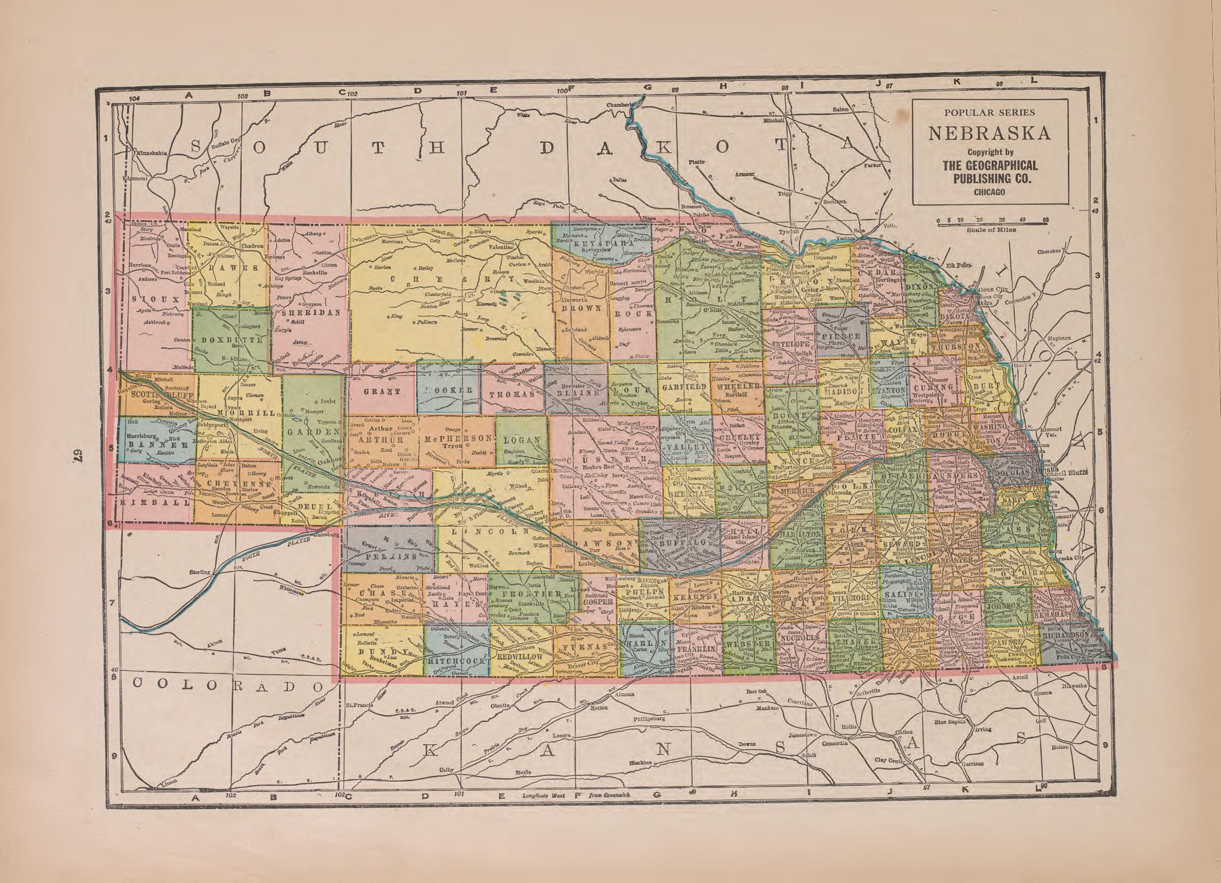 Nebraska from Atlas of Doniphan County, Kansas : Containing Maps of Townships of the County, Maps of State, United States and World : Farmers Directory, Analysis of the System of U.S. Land Surveys 1927 by Relic Map Company