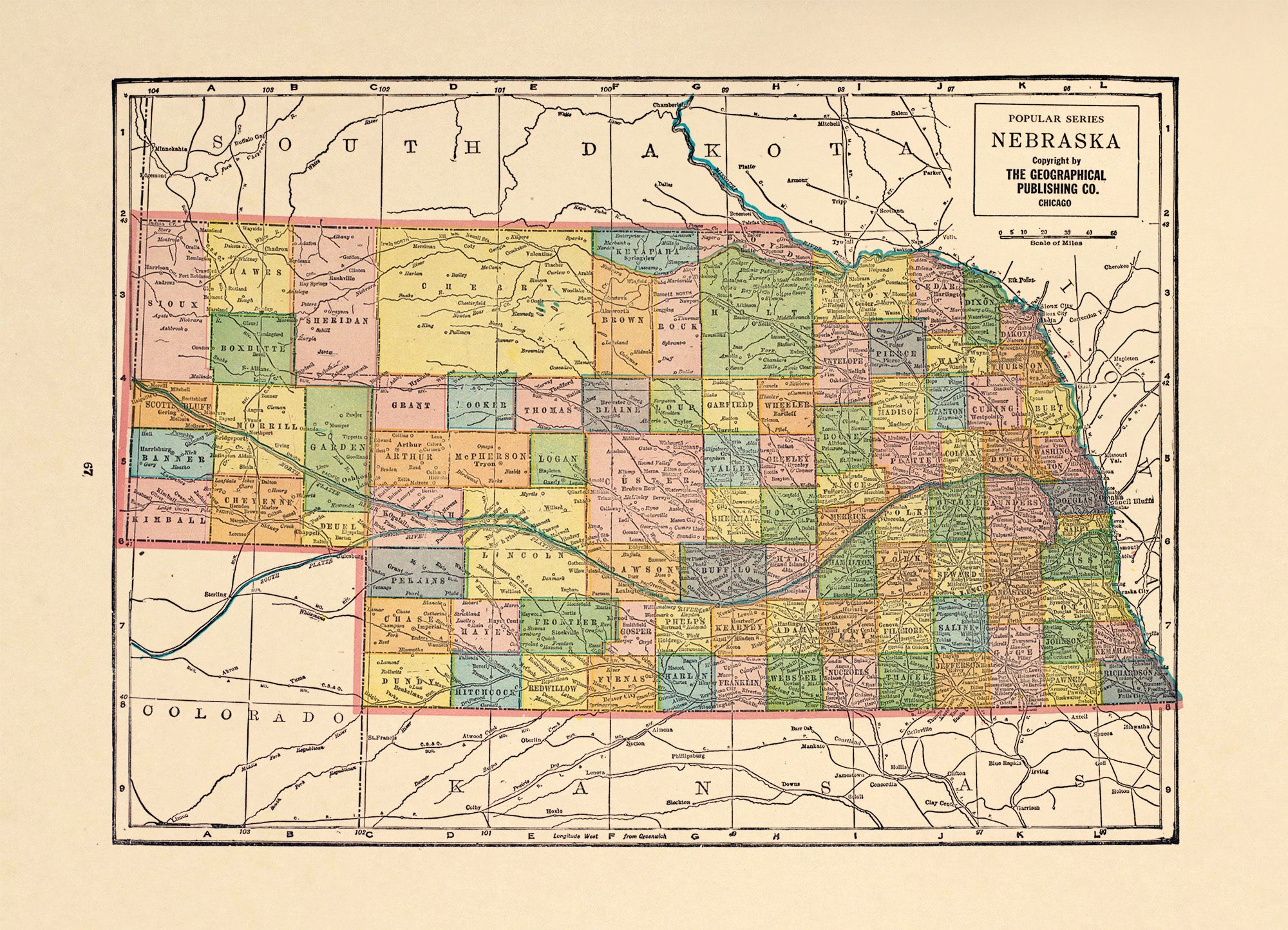 Nebraska from Atlas of Doniphan County, Kansas : Containing Maps of Townships of the County, Maps of State, United States and World : Farmers Directory, Analysis of the System of U.S. Land Surveys 1927 by Relic Map Company