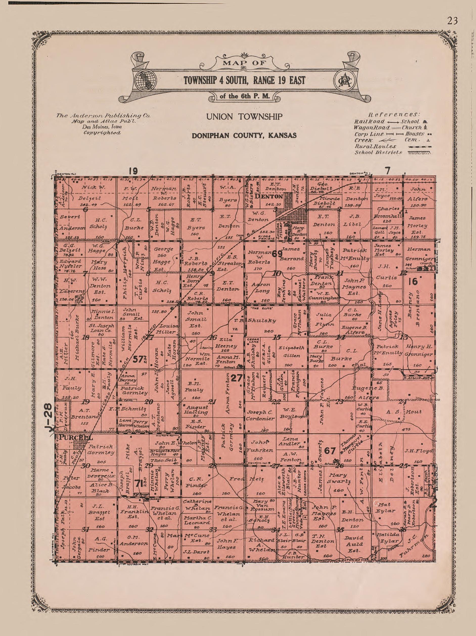 Township 4 South, Range 19 East from Atlas of Doniphan County, Kansas : Containing Maps of Townships of the County, Maps of State, United States and World : Farmers Directory, Analysis of the System of U.S. Land Surveys 1927 by Relic Map Company