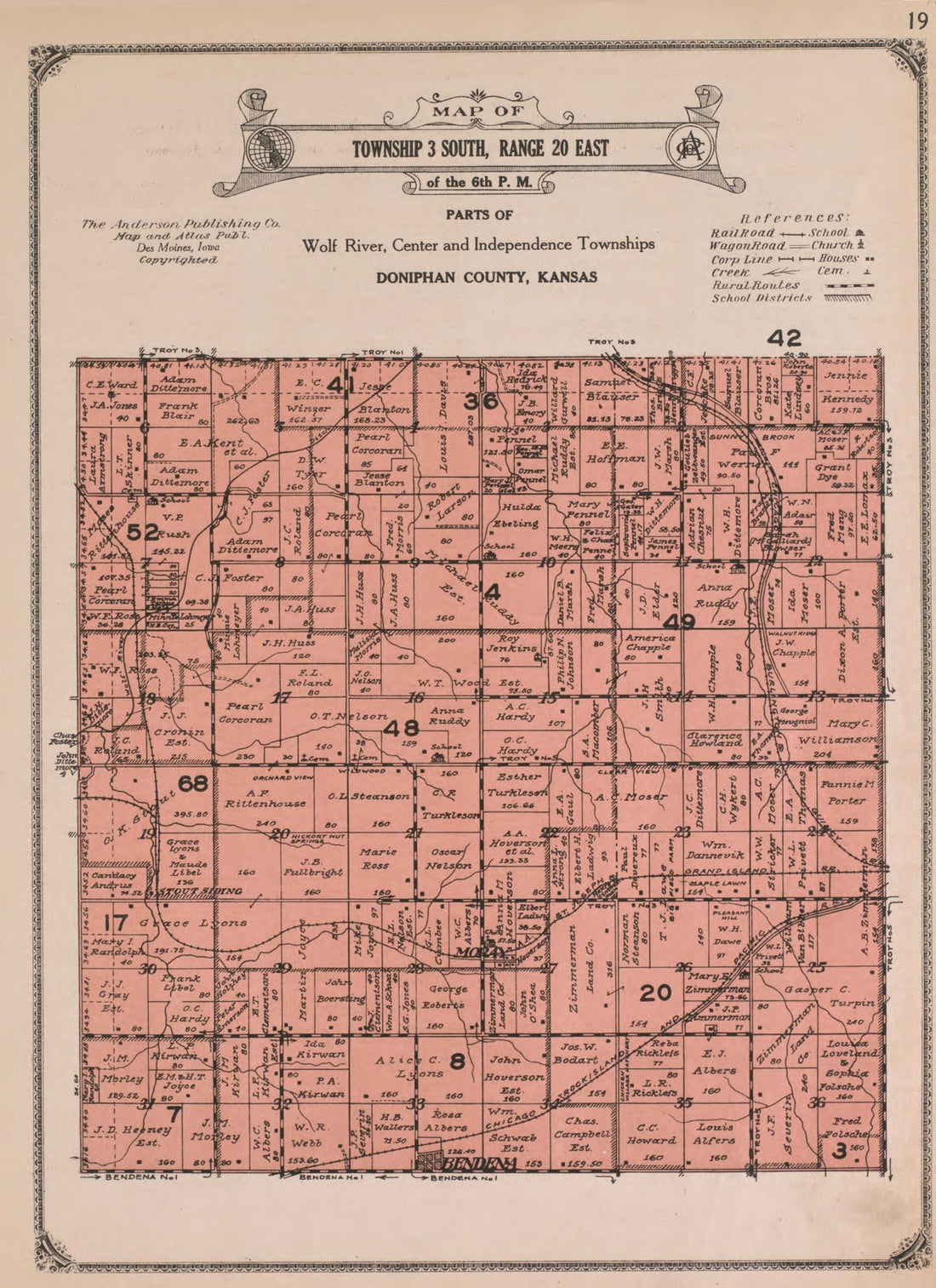 Township 3 South, Range 20 East from Atlas of Doniphan County, Kansas : Containing Maps of Townships of the County, Maps of State, United States and World : Farmers Directory, Analysis of the System of U.S. Land Surveys 1927 by Relic Map Company
