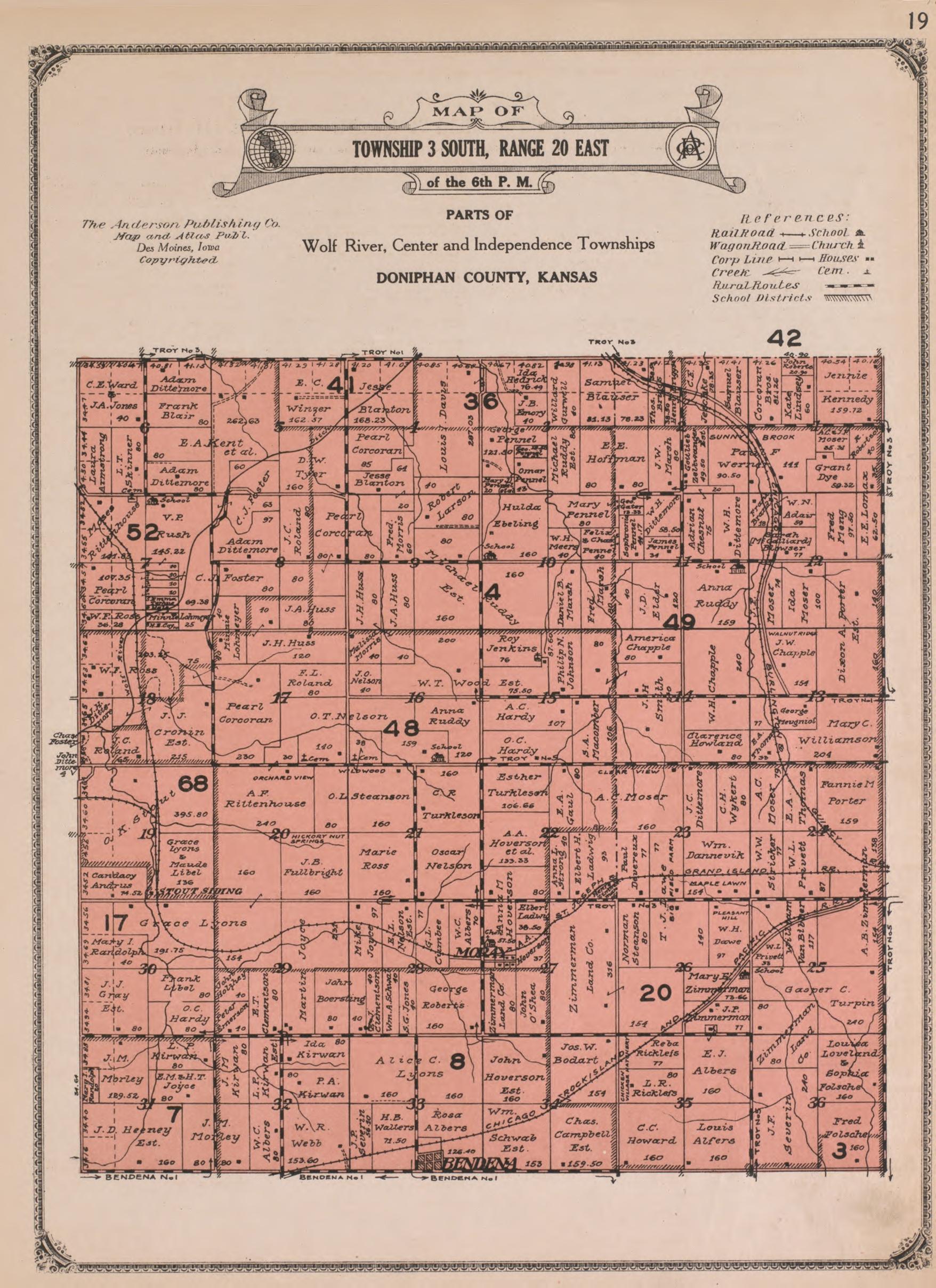 Township 3 South, Range 20 East from Atlas of Doniphan County, Kansas : Containing Maps of Townships of the County, Maps of State, United States and World : Farmers Directory, Analysis of the System of U.S. Land Surveys 1927 by Relic Map Company