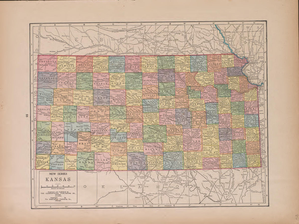 Kansas from Atlas of Doniphan County, Kansas : Containing Maps of Townships of the County, Maps of State, United States and World : Farmers Directory, Analysis of the System of U.S. Land Surveys 1927 by Relic Map Company
