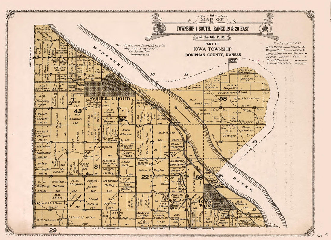 Township 1 South, Range 19 and 20 East from Atlas of Doniphan County, Kansas : Containing Maps of Townships of the County, Maps of State, United States and World : Farmers Directory, Analysis of the System of U.S. Land Surveys 1927 by Relic Map Company