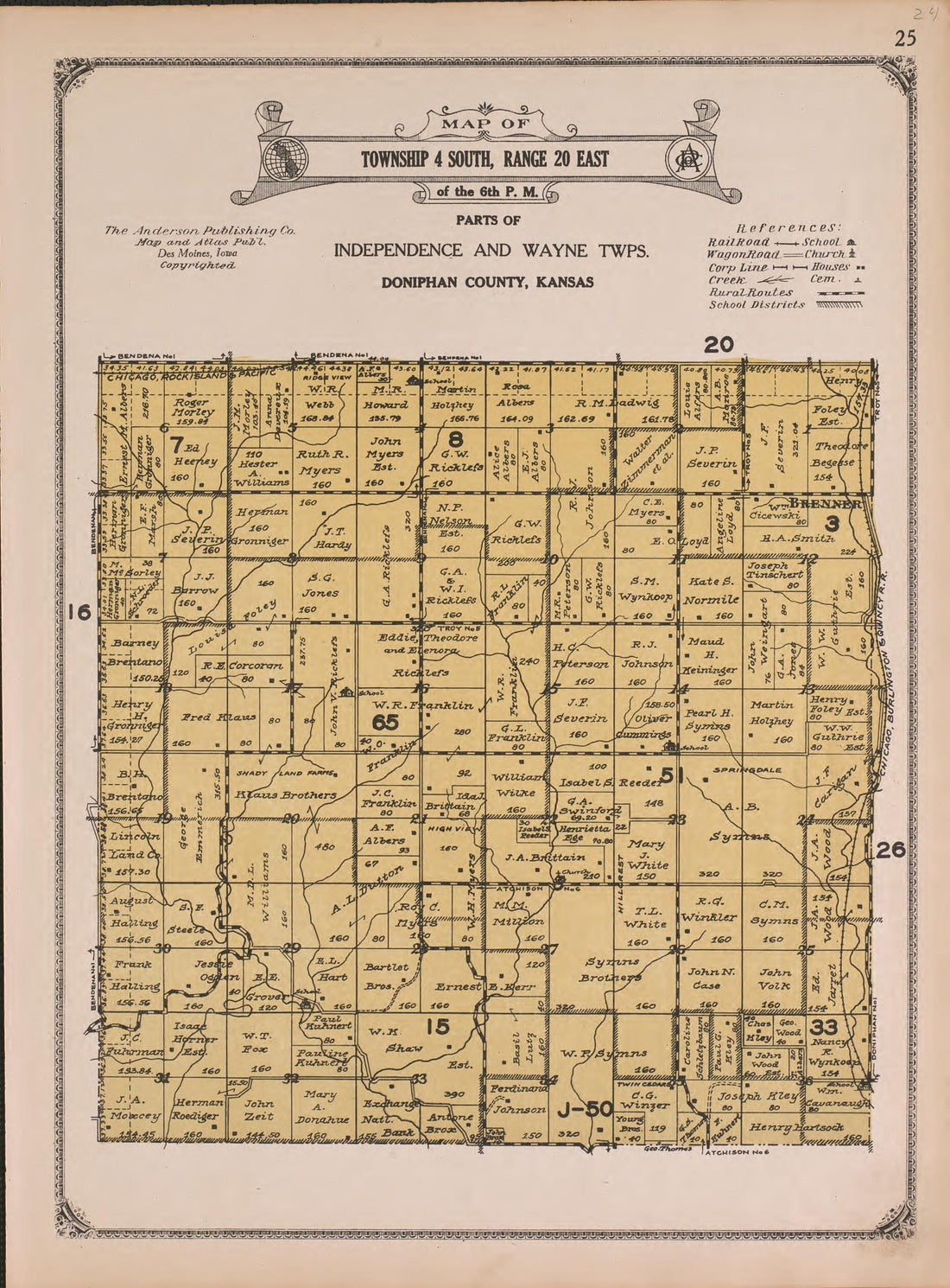 Township 4 South, Range 20 East from Atlas of Doniphan County, Kansas : Containing Maps of Townships of the County, Maps of State, United States and World : Farmers Directory, Analysis of the System of U.S. Land Surveys 1927 by Relic Map Company