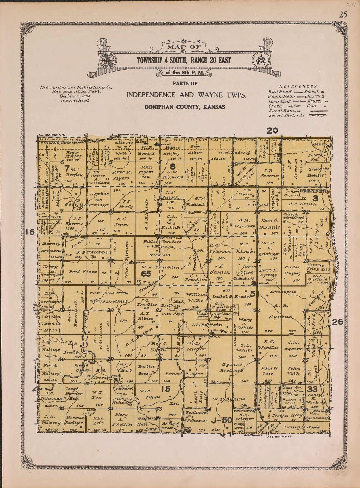 Township 4 South, Range 20 East from Atlas of Doniphan County, Kansas : Containing Maps of Townships of the County, Maps of State, United States and World : Farmers Directory, Analysis of the System of U.S. Land Surveys 1927 by Relic Map Company