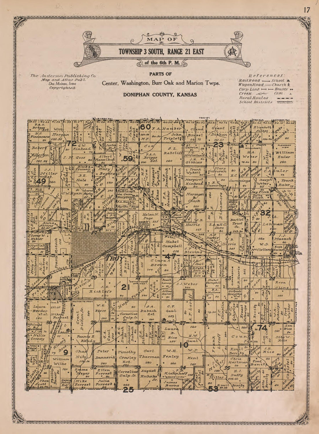 Township 3 South, Range 21 East from Atlas of Doniphan County, Kansas : Containing Maps of Townships of the County, Maps of State, United States and World : Farmers Directory, Analysis of the System of U.S. Land Surveys 1927 by Relic Map Company