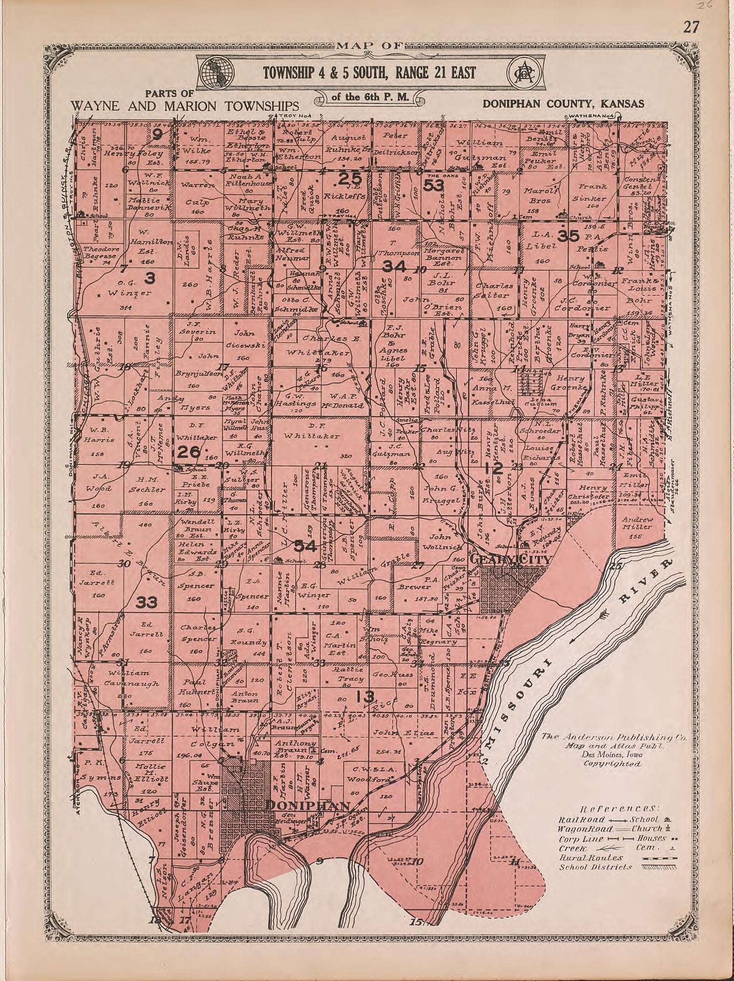 Township 4 and 5 South- Range 21 East from Atlas of Doniphan County, Kansas : Containing Maps of Townships of the County, Maps of State, United States and World : Farmers Directory, Analysis of the System of U.S. Land Surveys 1927 by Relic Map Company