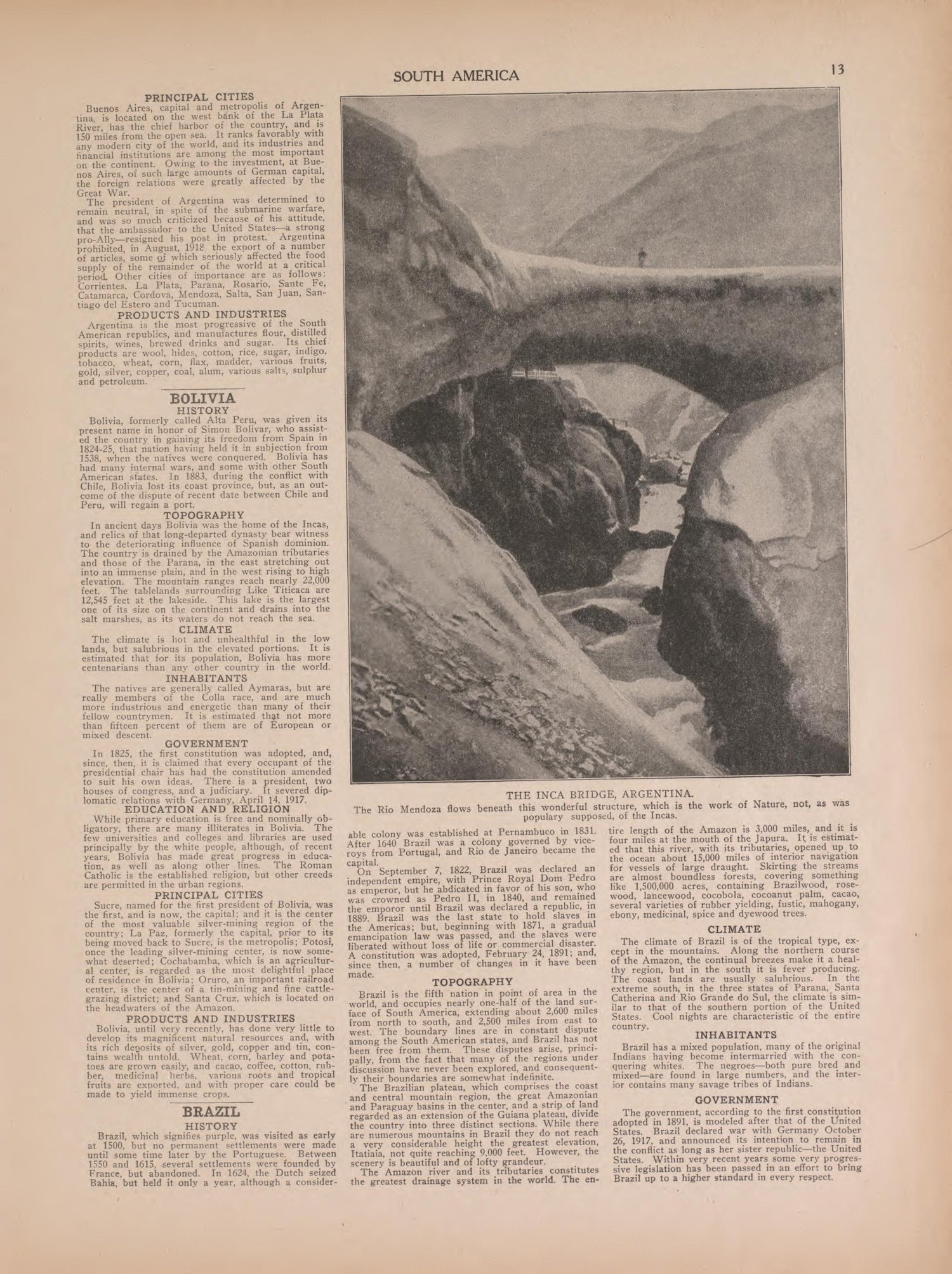 View of the Inca Bridge, Argentina and Text from Atlas of Doniphan County, Kansas : Containing Maps of Townships of the County, Maps of State, United States and World : Farmers Directory, Analysis of the System of U.S. Land Surveys 1927 by Relic Map Company