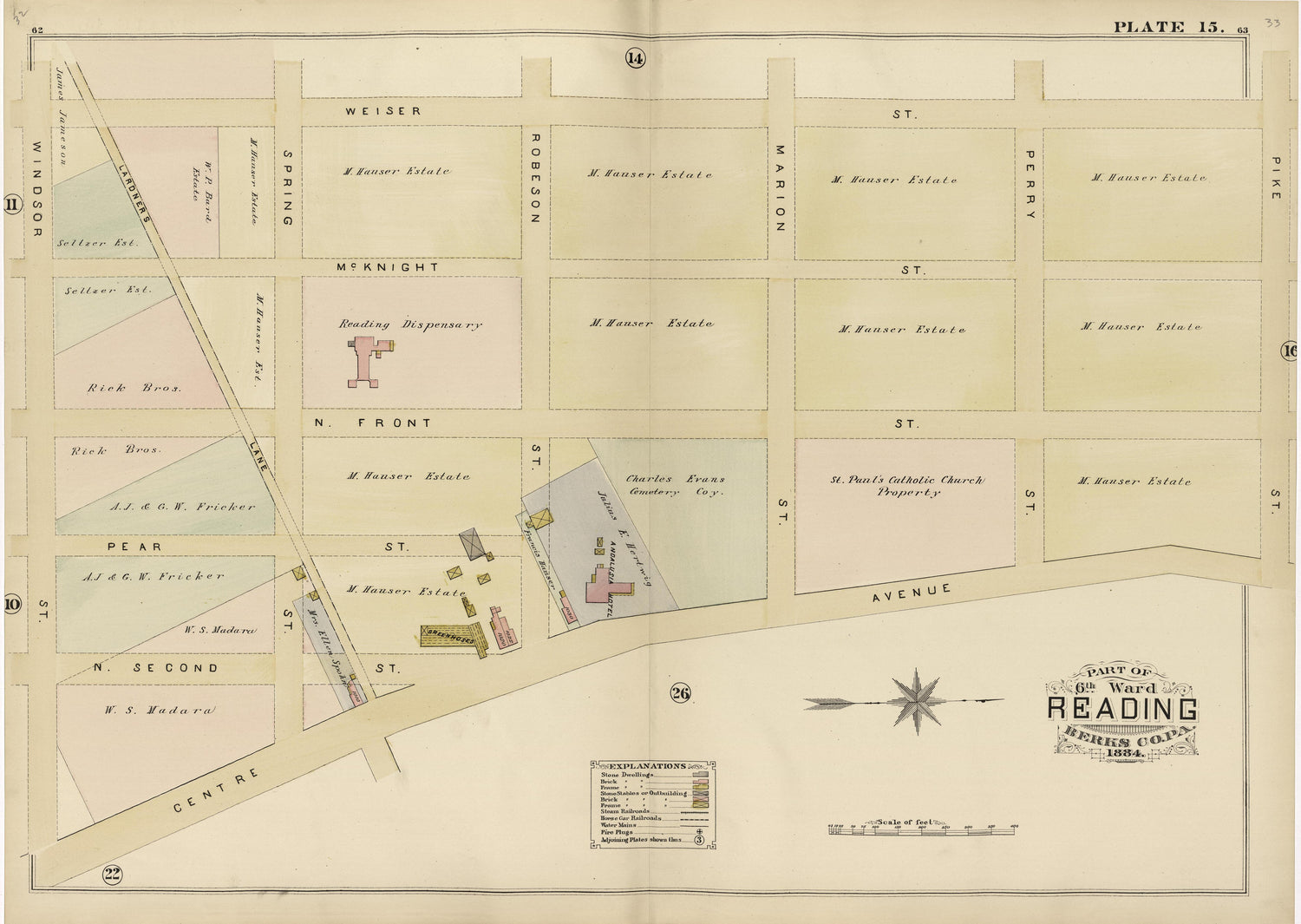 Plate 15: Part of 6th Ward Reading, Berks County, Pa., 1884 from Property and Insurance Atlas of the City of Reading, Berks County, Pennsylvania. : from Official Records and Actual Surveys by Relic Map Company