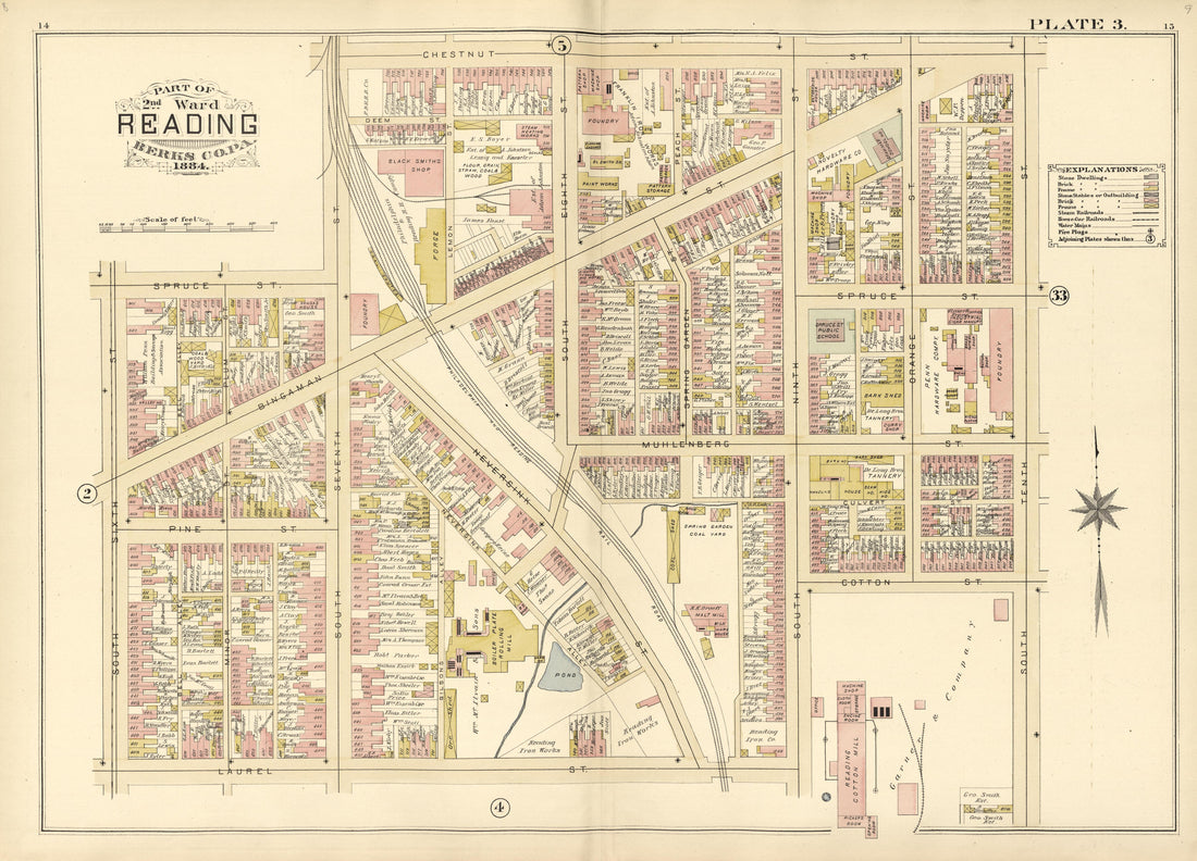 Plate 3: Part of 2nd Ward Reading, Berks County, Pa., 1884 from Property and Insurance Atlas of the City of Reading, Berks County, Pennsylvania. : from Official Records and Actual Surveys by Relic Map Company