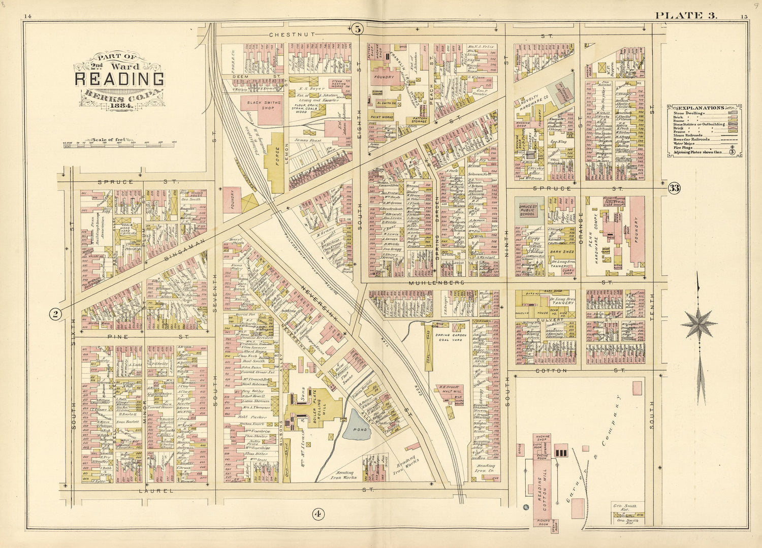 Plate 3: Part of 2nd Ward Reading, Berks County, Pa., 1884 from Property and Insurance Atlas of the City of Reading, Berks County, Pennsylvania. : from Official Records and Actual Surveys by Relic Map Company